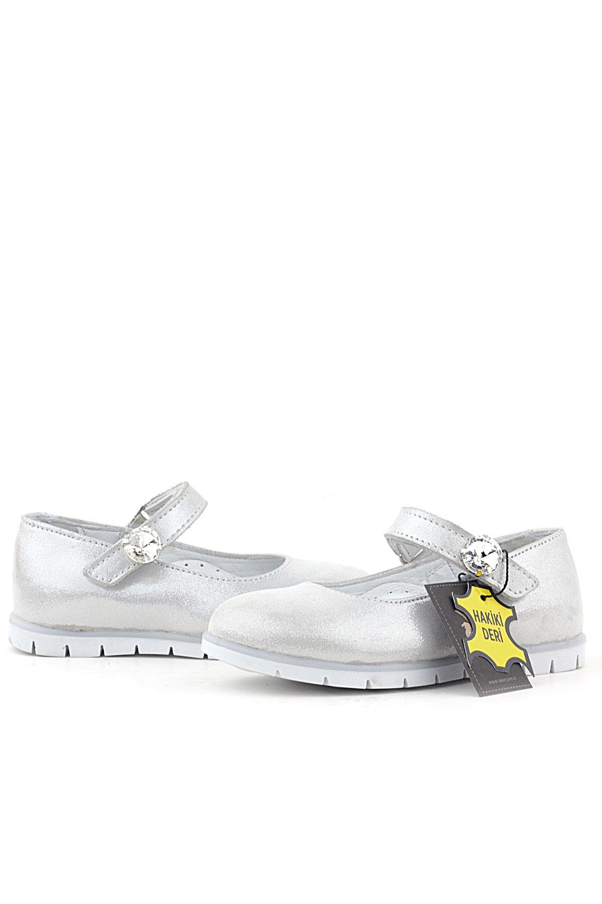 Hakiki Deri Gümüş Cırt Cırtlı Taş Detaylı Kız Çocuk Babet - Görsel 8