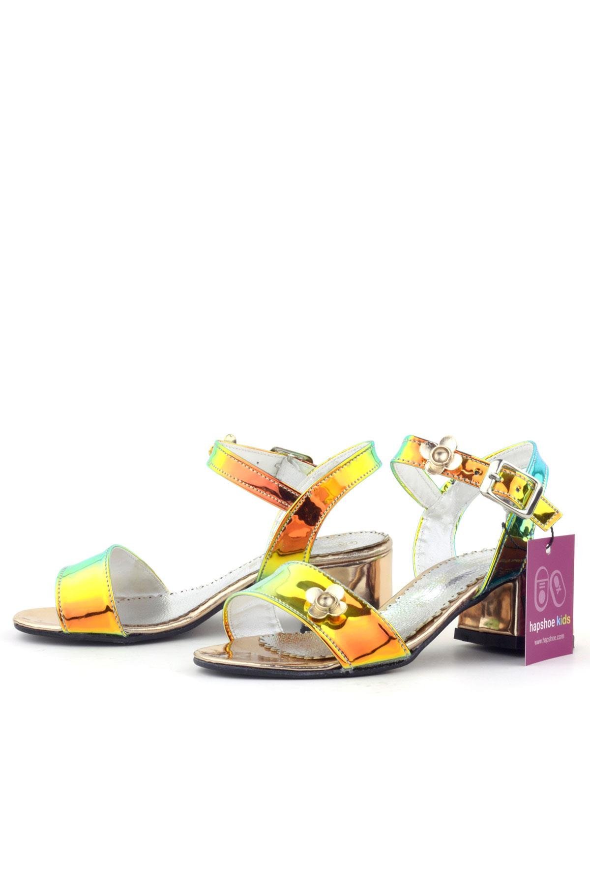 Pony Hologram Bakır Yeşil Kalın Topuklu Çiçek Detaylı Kız Çocuk Abiye Ayakkabı - Görsel 5