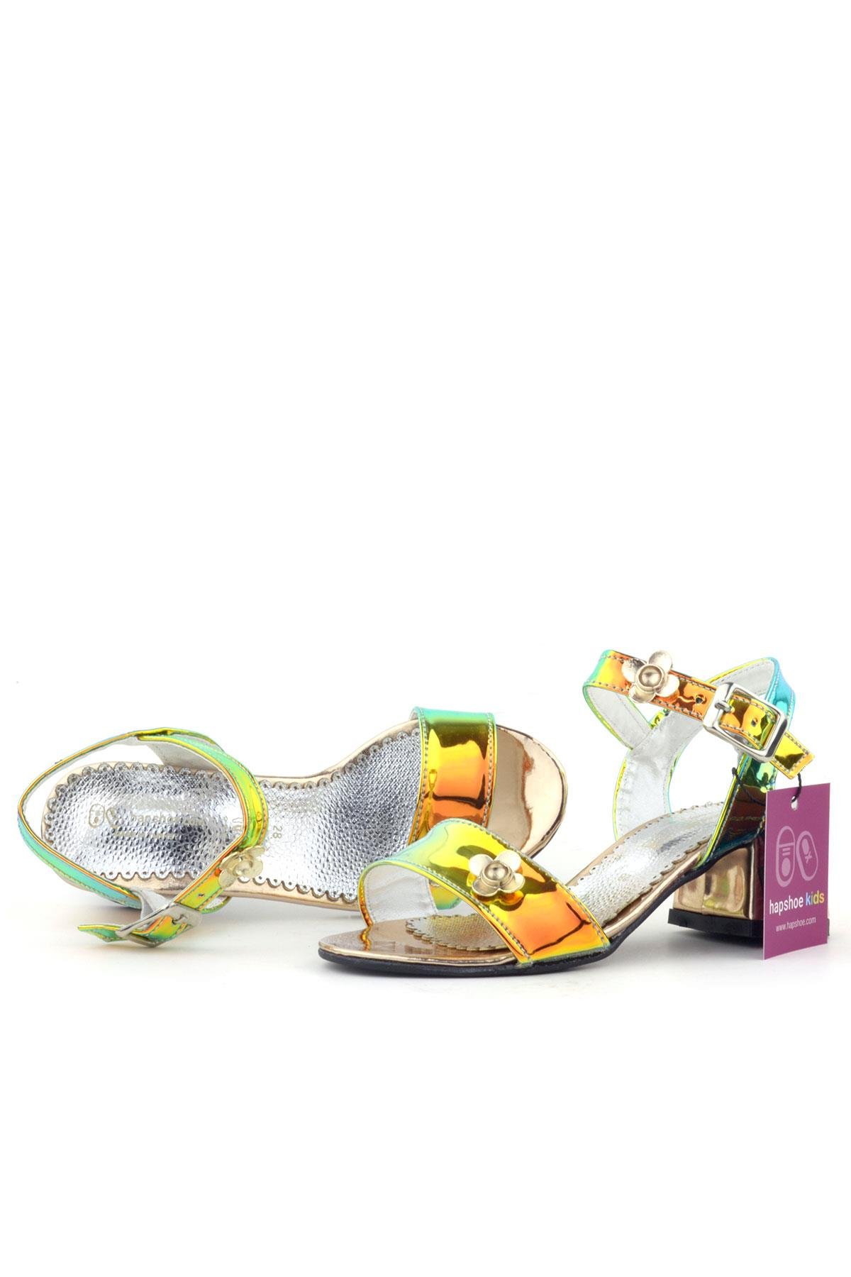 Pony Hologram Bakır Yeşil Kalın Topuklu Çiçek Detaylı Kız Çocuk Abiye Ayakkabı - Görsel 7