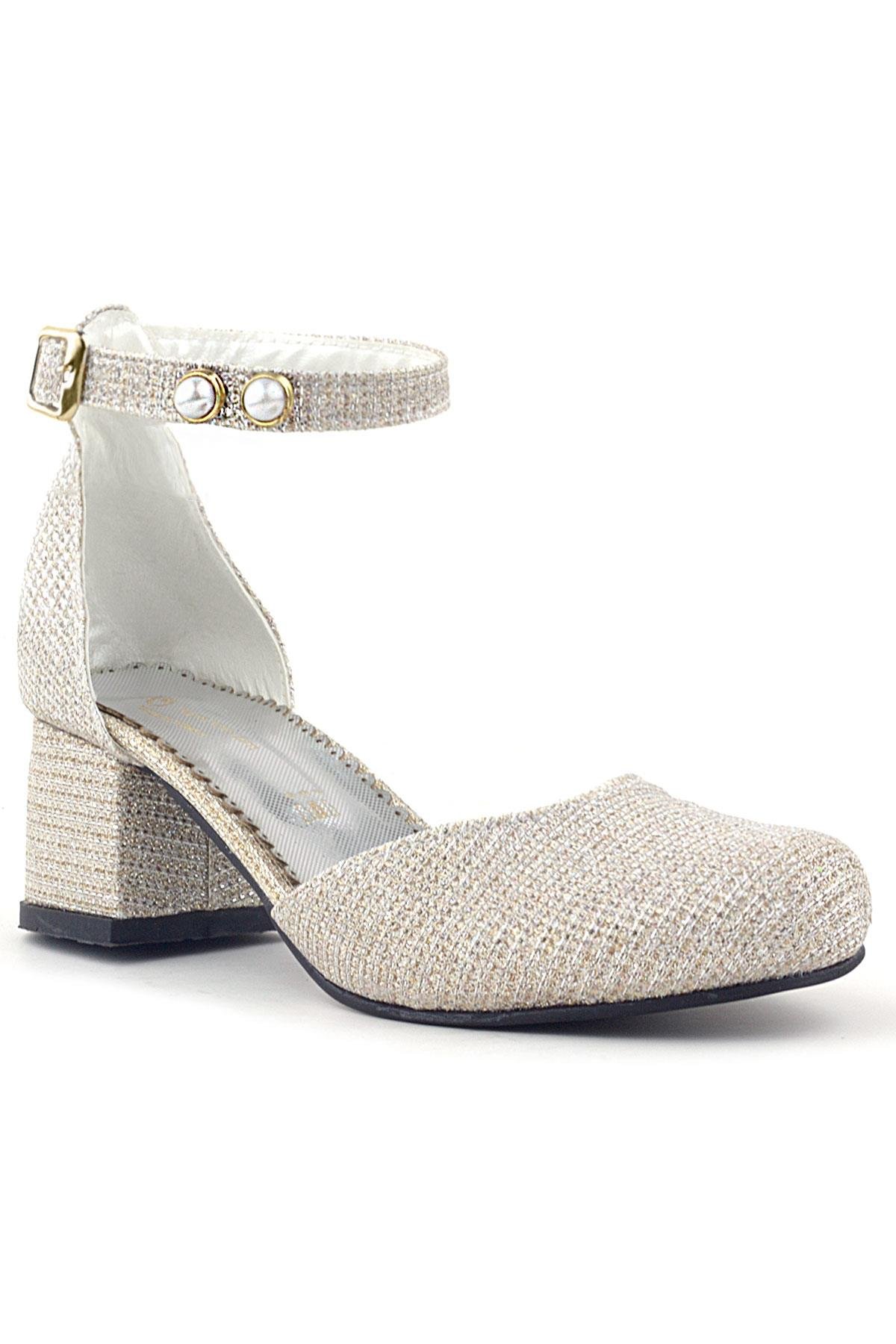 Merida Gold Simli Kalın Topuklu İnci Detaylı Kız Çocuk Topuklu Ayakkabı - Görsel 2