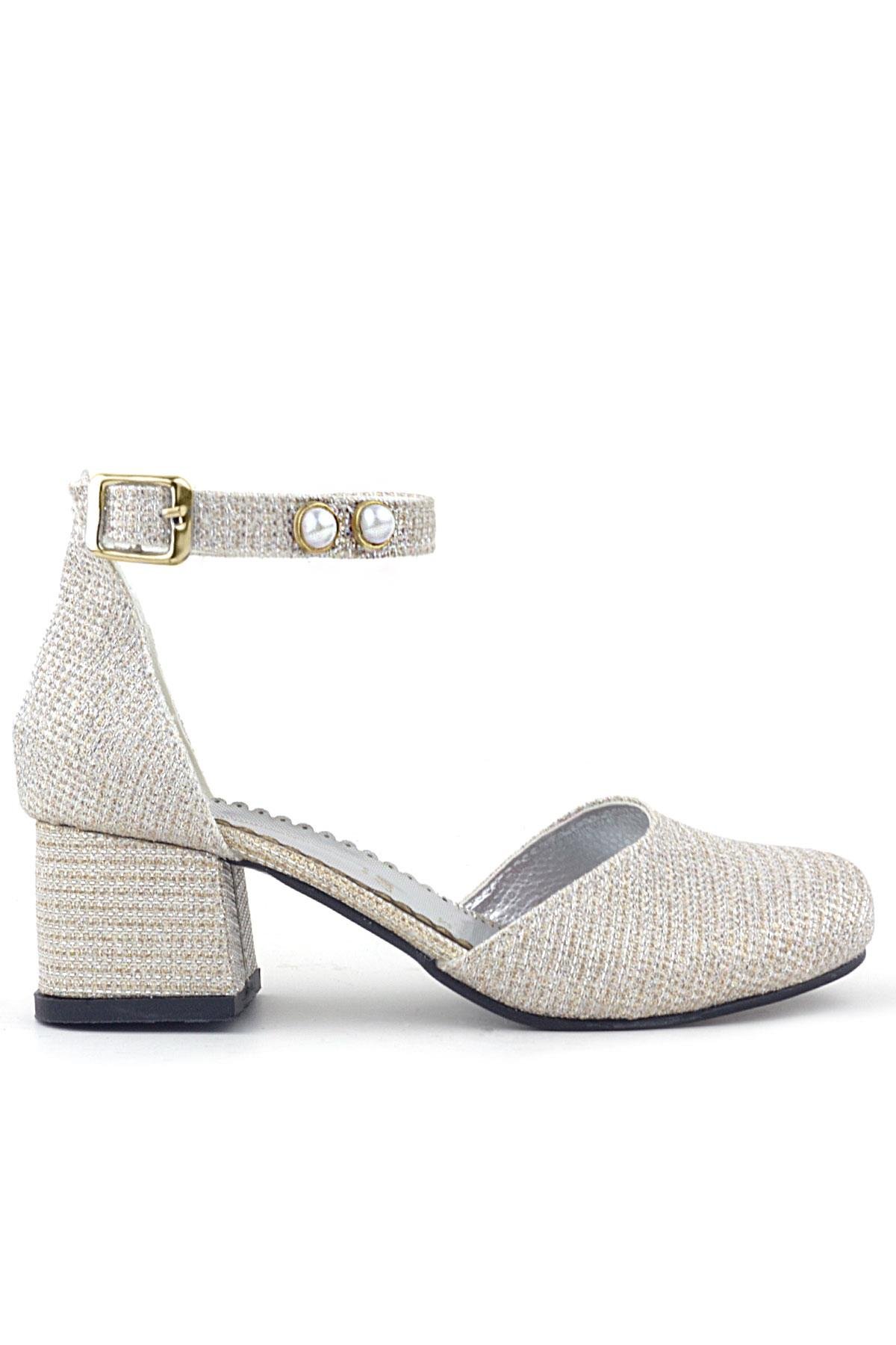 Merida Gold Simli Kalın Topuklu İnci Detaylı Kız Çocuk Topuklu Ayakkabı - Görsel 3