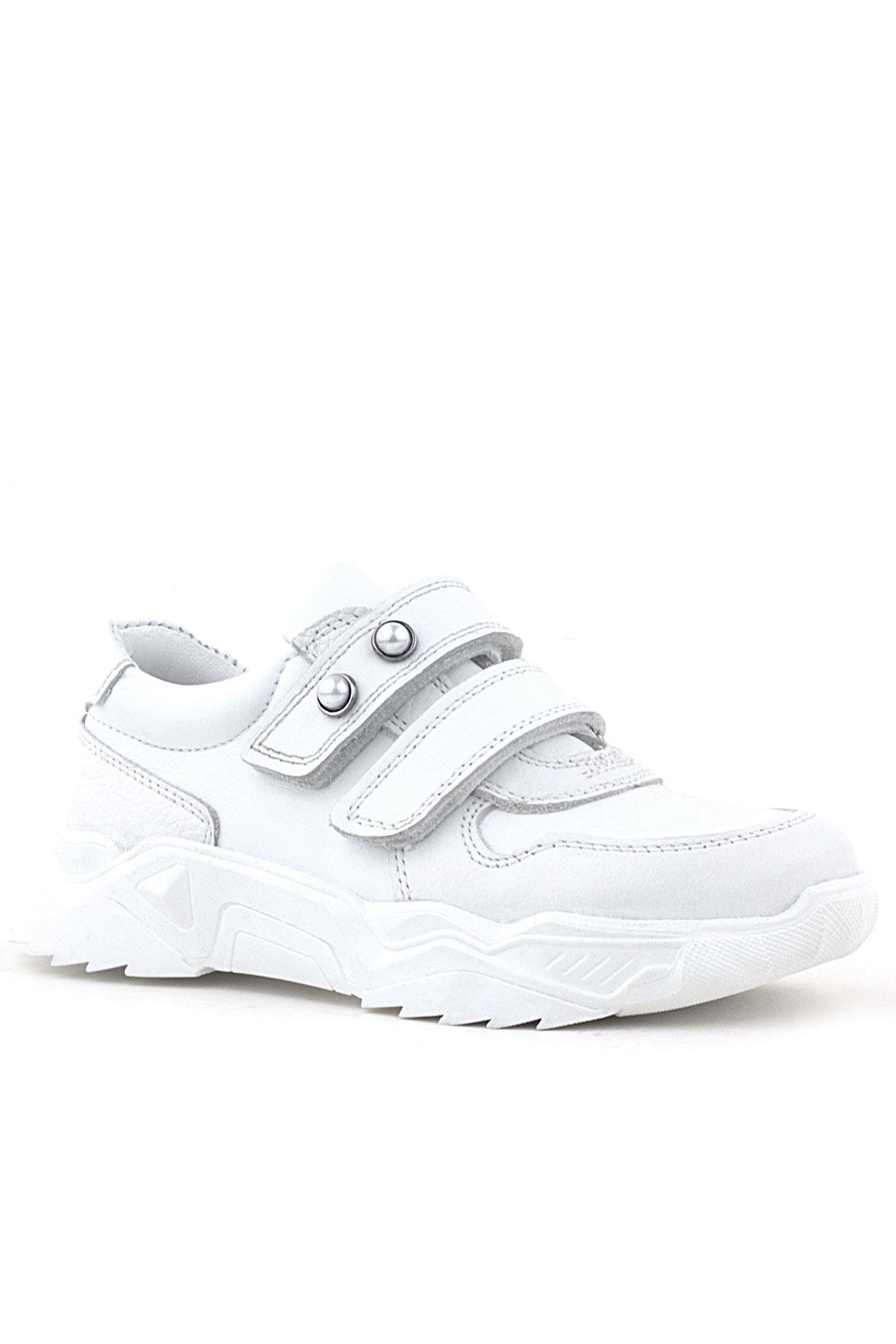 Hakiki Deri Beyaz Taşlı Kız Çocuk Sneakers Ayakkabı - Görsel 2