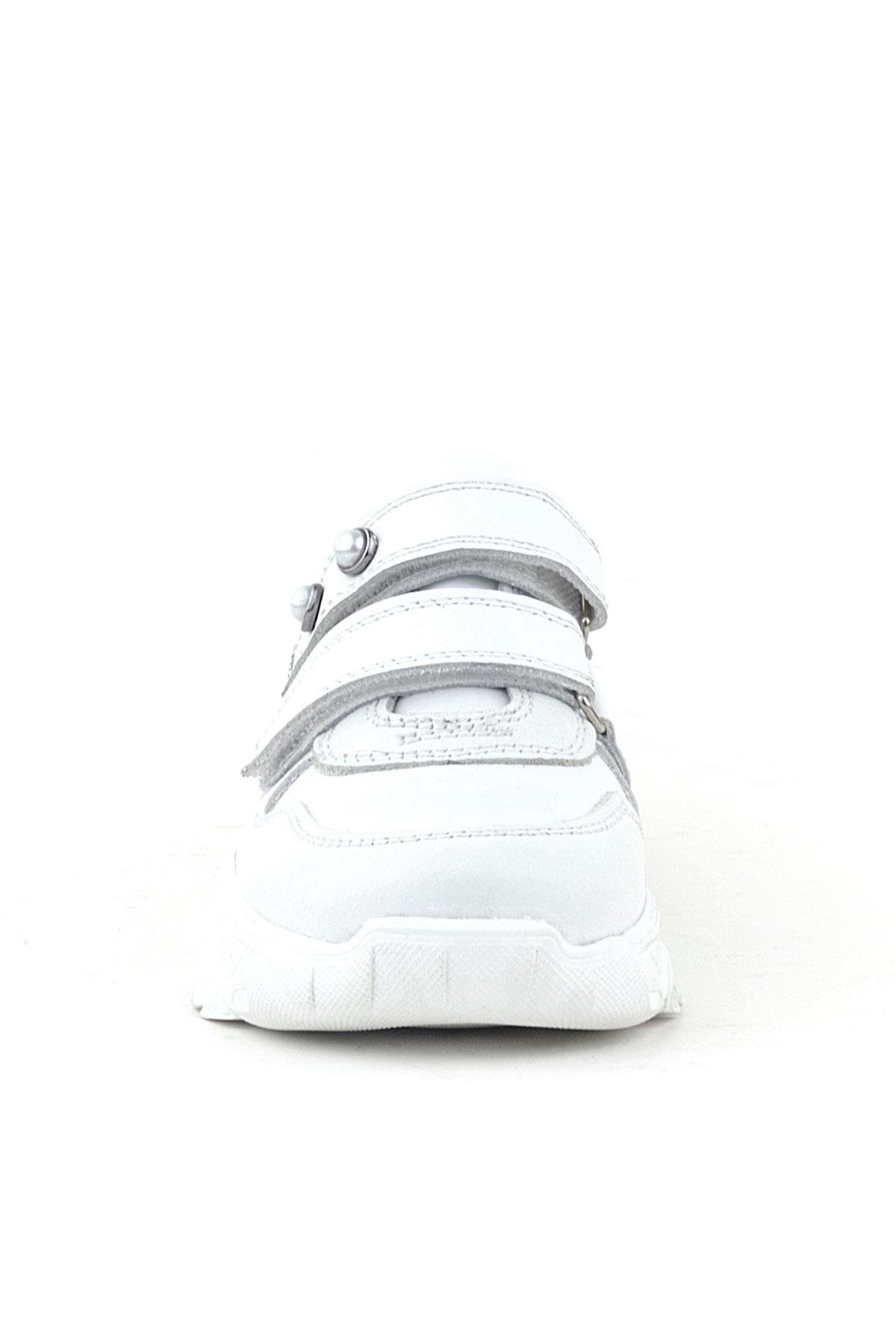 Hakiki Deri Beyaz Taşlı Kız Çocuk Sneakers Ayakkabı - Görsel 4