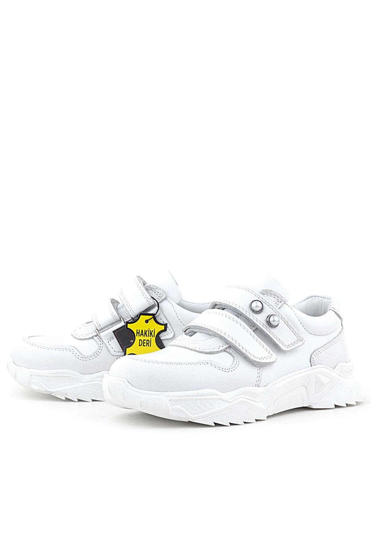 Hakiki Deri Beyaz Taşlı Kız Çocuk Sneakers Ayakkabı - Görsel 5