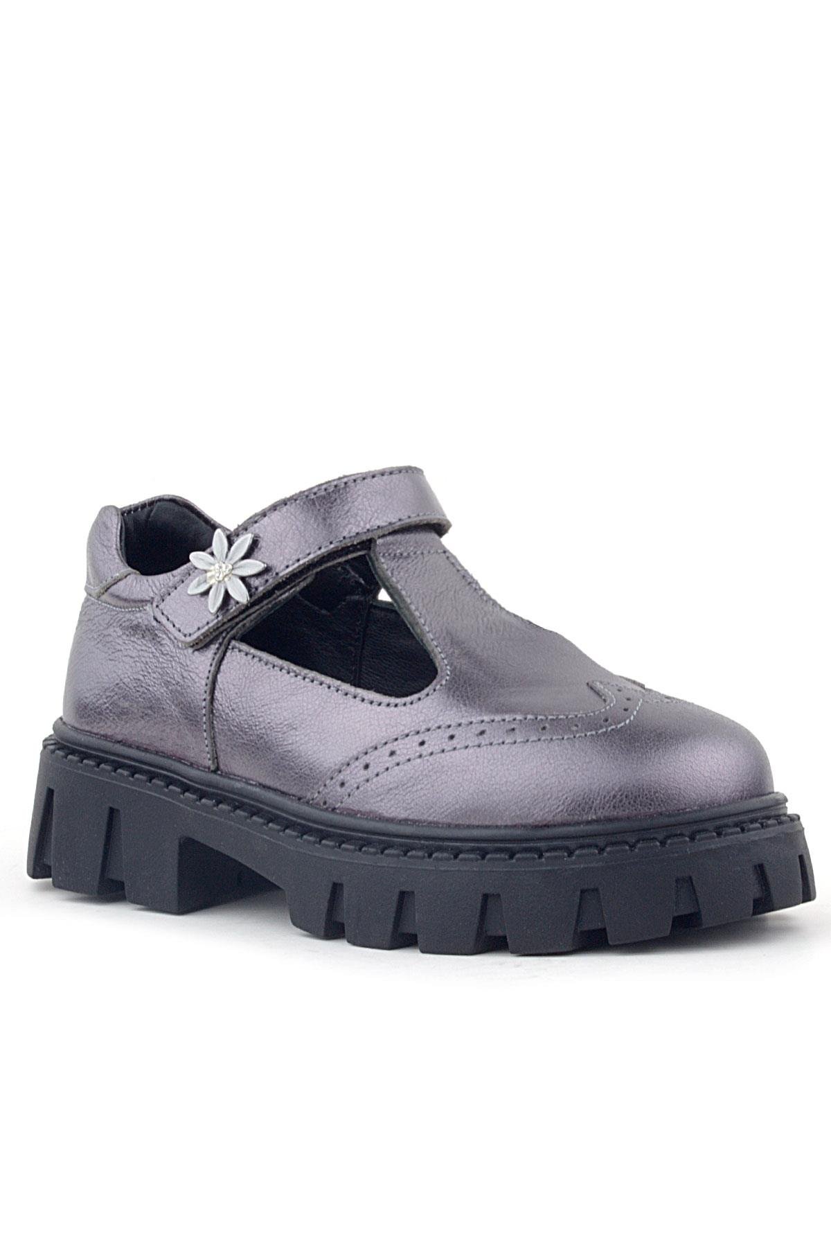 Hakiki Deri Platin Çiçek Detaylı Cırtlı Kız Çocuk Okul Ayakkabı - Görsel 2