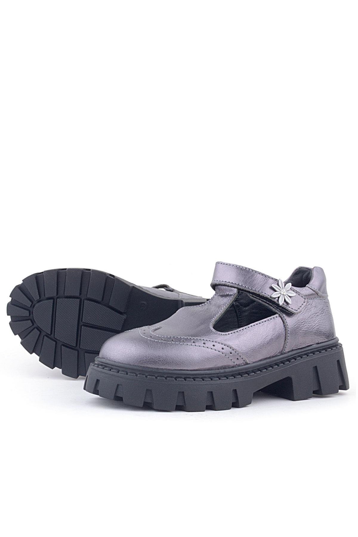 Hakiki Deri Platin Çiçek Detaylı Cırtlı Kız Çocuk Okul Ayakkabı - Görsel 6