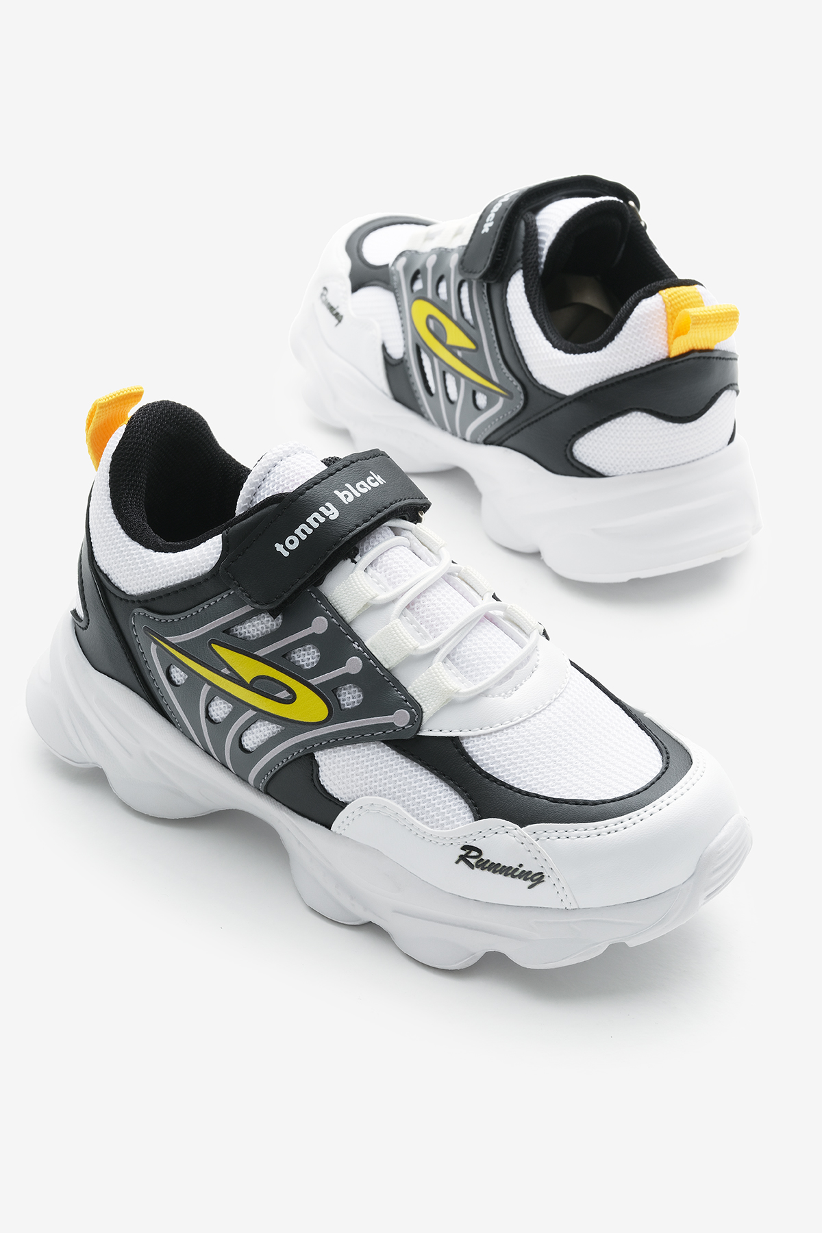 Tonny Black Tonny Black Çocuk Unisex Beyaz Siyah Faylon Taban Desenli Lastik Bağcıklı ve Cırtlı Spor Ayakkabı Sneaker | Flo Beyaz - 4. görsel