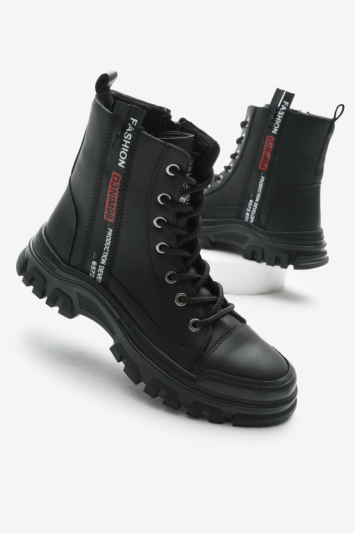 Kadın Siyah Cilt Termo Taban Yanı Şerit Yazılı Bağcıklı ve Fermuarlı Bot - Görsel 2