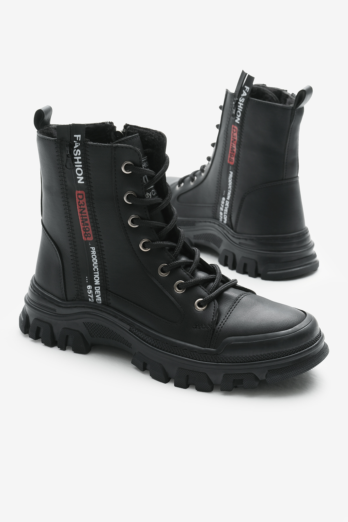 Kadın Siyah Cilt Termo Taban Yanı Şerit Yazılı Bağcıklı ve Fermuarlı Bot - Görsel 4