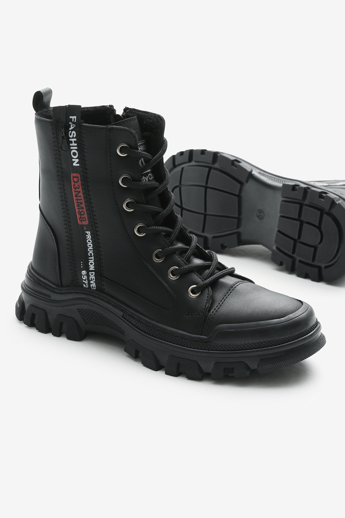 Kadın Siyah Cilt Termo Taban Yanı Şerit Yazılı Bağcıklı ve Fermuarlı Bot - Görsel 5