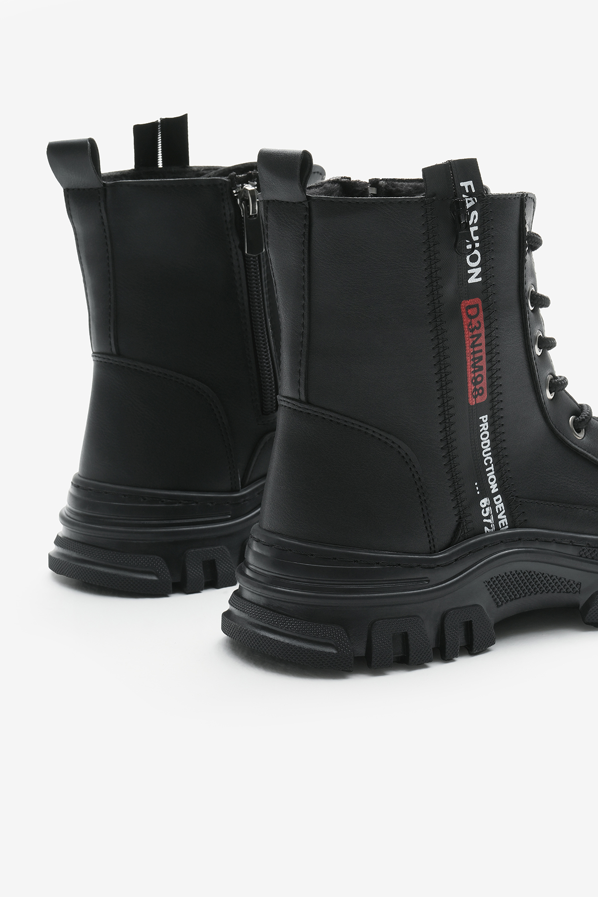 Kadın Siyah Cilt Termo Taban Yanı Şerit Yazılı Bağcıklı ve Fermuarlı Bot - Görsel 6