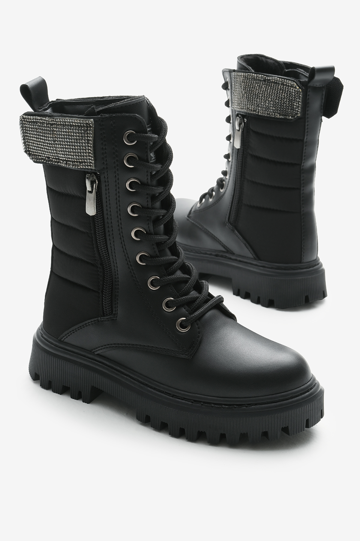 Tonny Black Siyah Tonny Black Cilt Termo Kız Çocuk Taban Taş Detaylı Fermuarlı ve Bağcıklı Cırtlı Bot