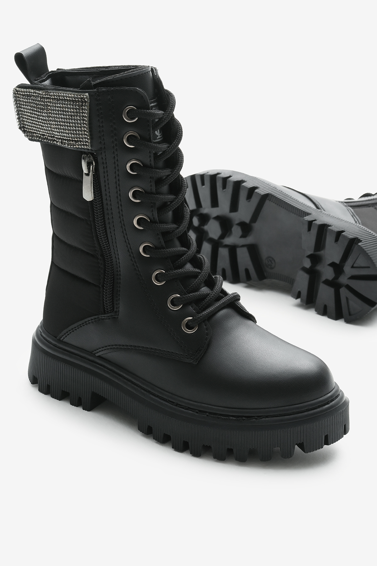 Tonny Black Siyah Tonny Black Cilt Termo Kız Çocuk Taban Taş Detaylı Fermuarlı ve Bağcıklı Cırtlı Bot