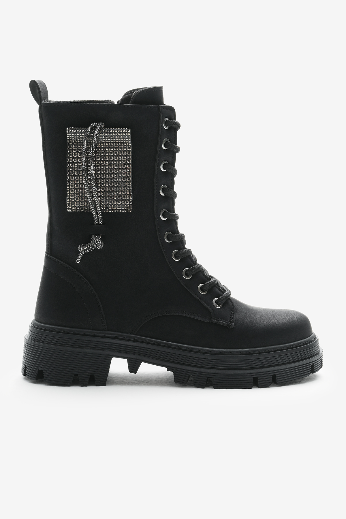 Kadın Siyah Mat Termo Taban Yanı Taşlı Bağcıklı ve Fermuarlı Bot - Görsel 3