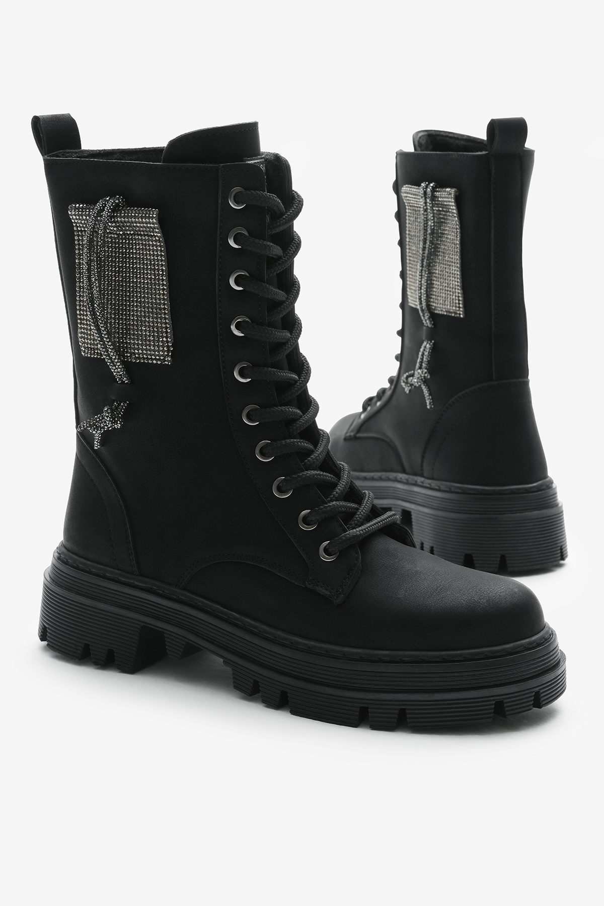 Kadın Siyah Mat Termo Taban Yanı Taşlı Bağcıklı ve Fermuarlı Bot - Görsel 4
