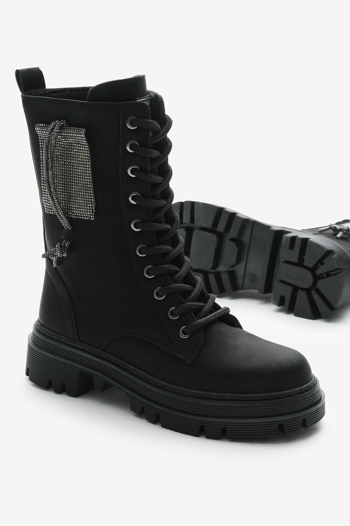 Kadın Siyah Mat Termo Taban Yanı Taşlı Bağcıklı ve Fermuarlı Bot - Görsel 5