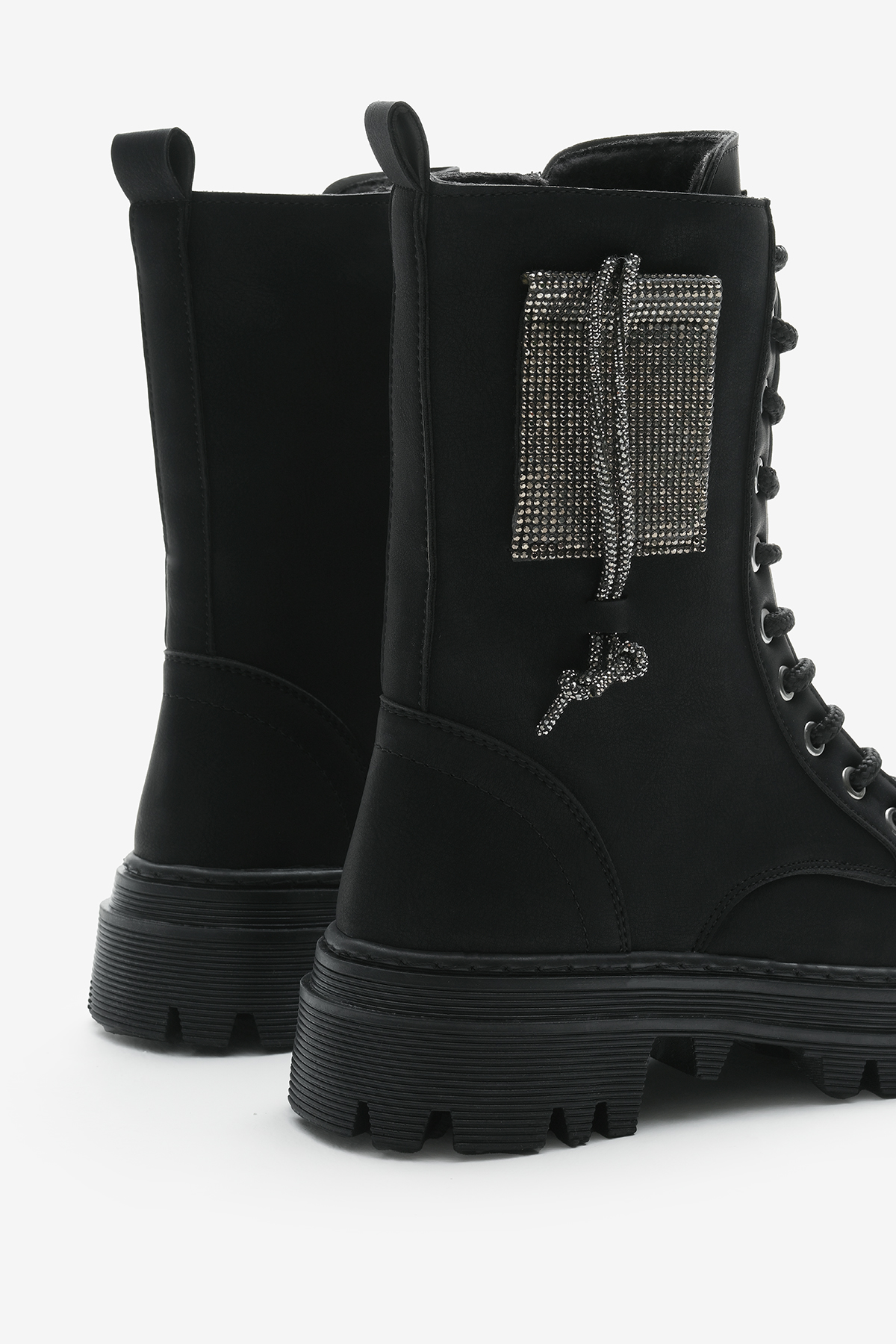 Kadın Siyah Mat Termo Taban Yanı Taşlı Bağcıklı ve Fermuarlı Bot - Görsel 6