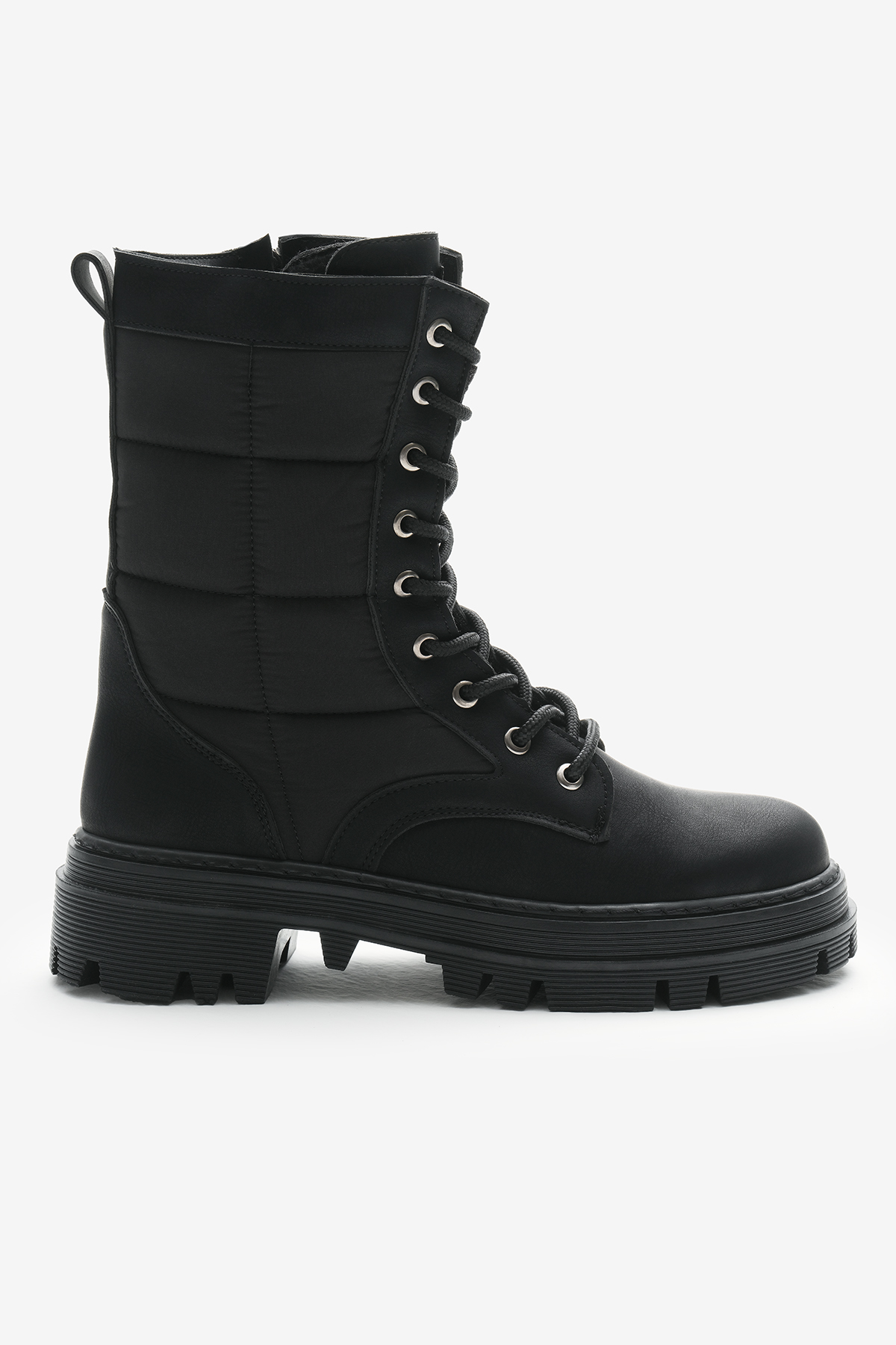 Kadın Siyah Mat Termo Taban Nakışlı Karo Desenli Bağcıklı ve Fermuarlı Bot - Görsel 3