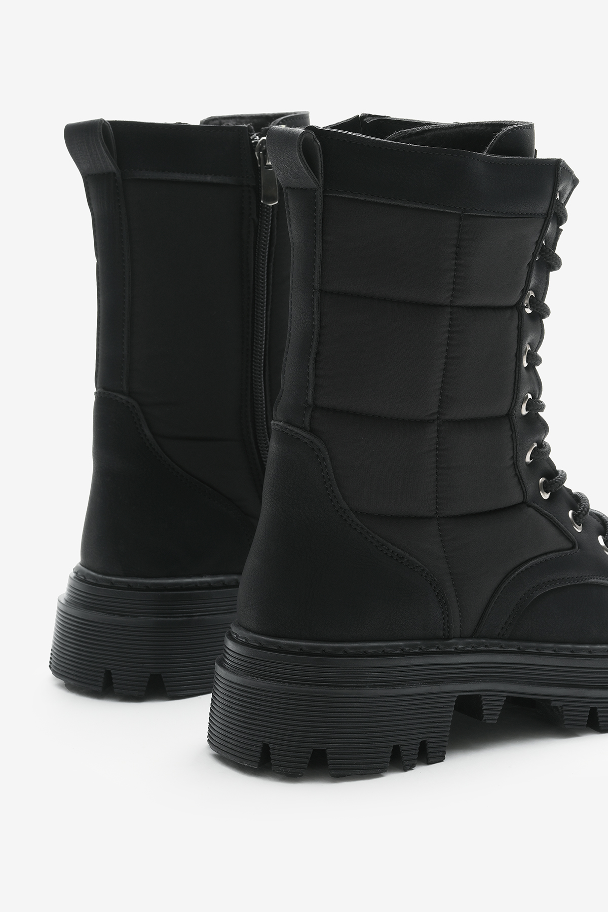 Kadın Siyah Mat Termo Taban Nakışlı Karo Desenli Bağcıklı ve Fermuarlı Bot - Görsel 6