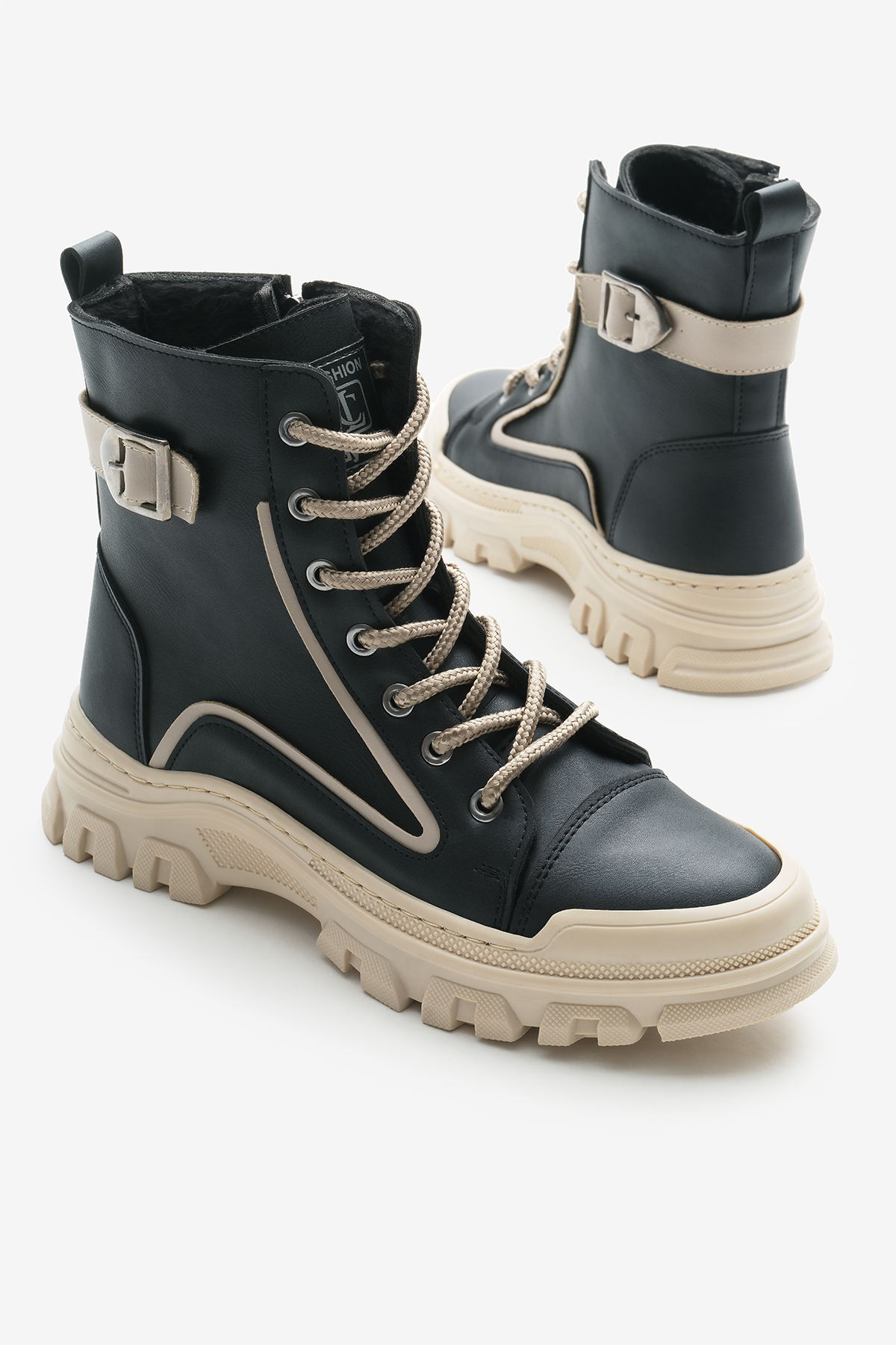 Kadın Siyah Cilt Termo Taban Yanı Tokalı Bağcıklı ve Fermuarlı Bot - Görsel 4