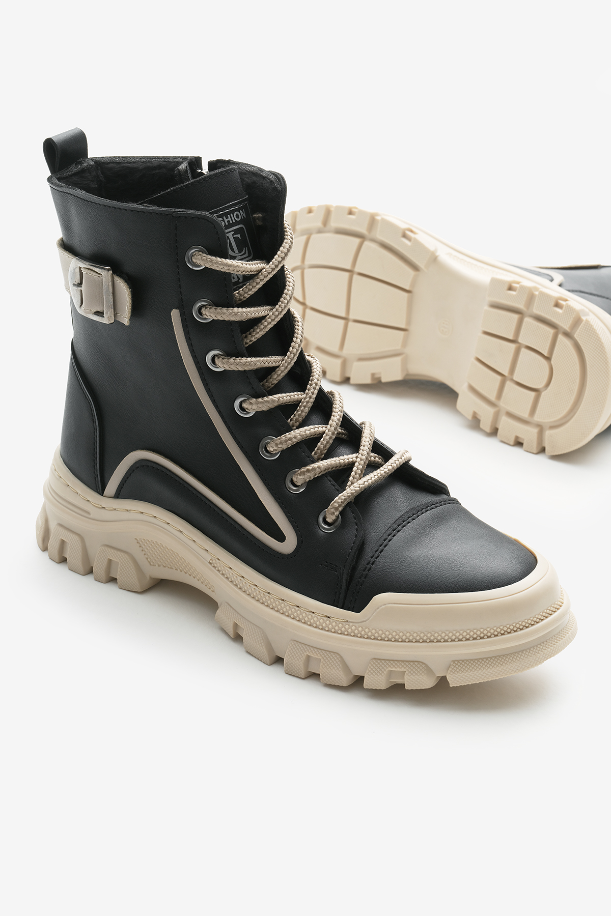 Kadın Siyah Cilt Termo Taban Yanı Tokalı Bağcıklı ve Fermuarlı Bot - Görsel 5