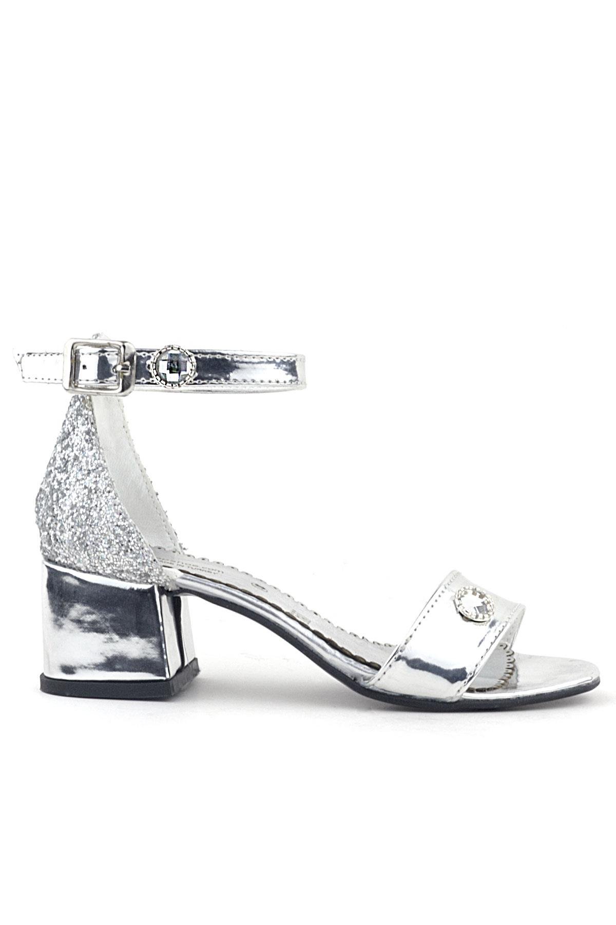 Elsa Gümüş Aynalı Simli Topuklu Taşlı Kız Çocuk Abiye Ayakkabı - Görsel 3