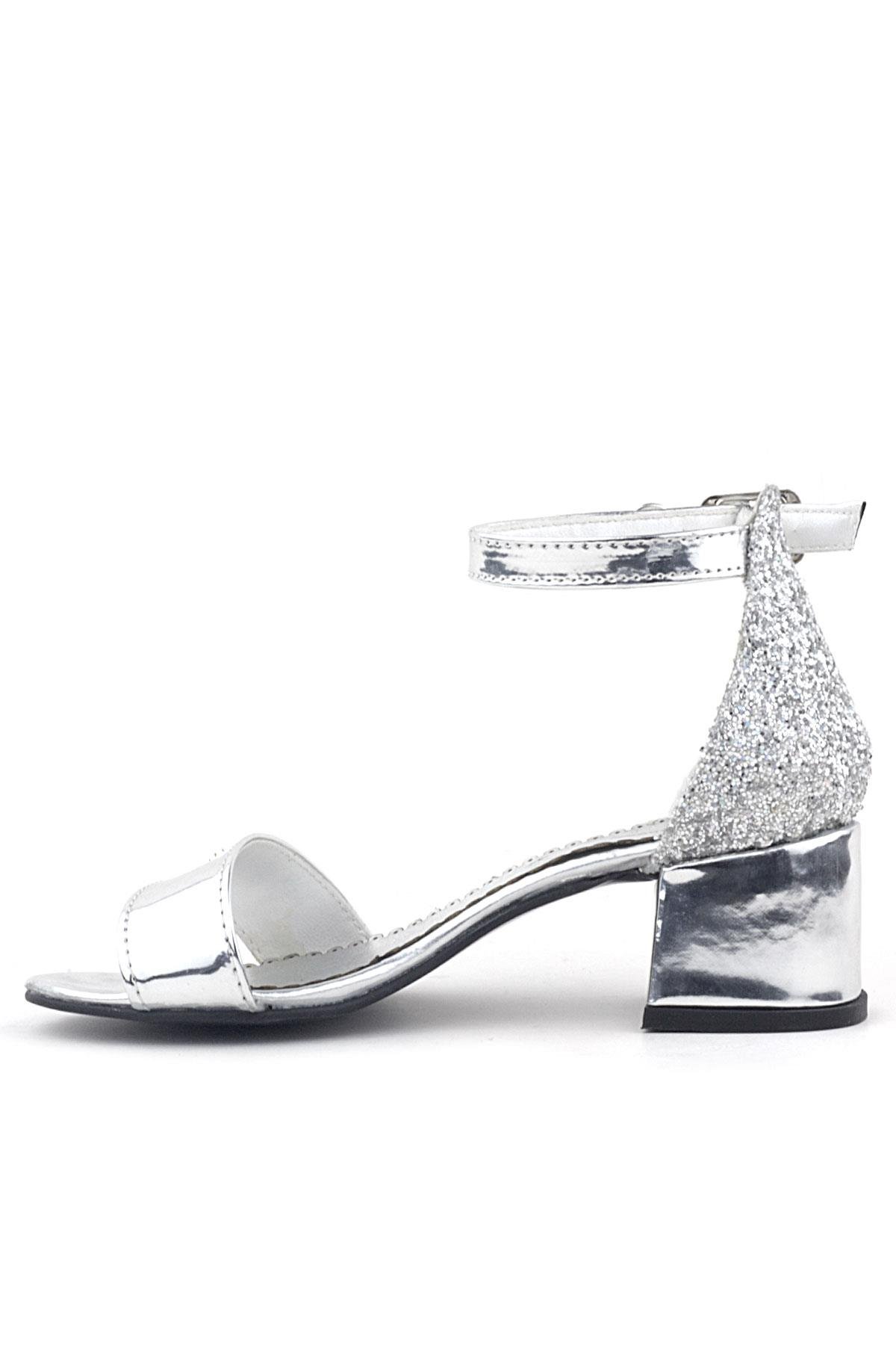 Elsa Gümüş Aynalı Simli Topuklu Taşlı Kız Çocuk Abiye Ayakkabı - Görsel 4