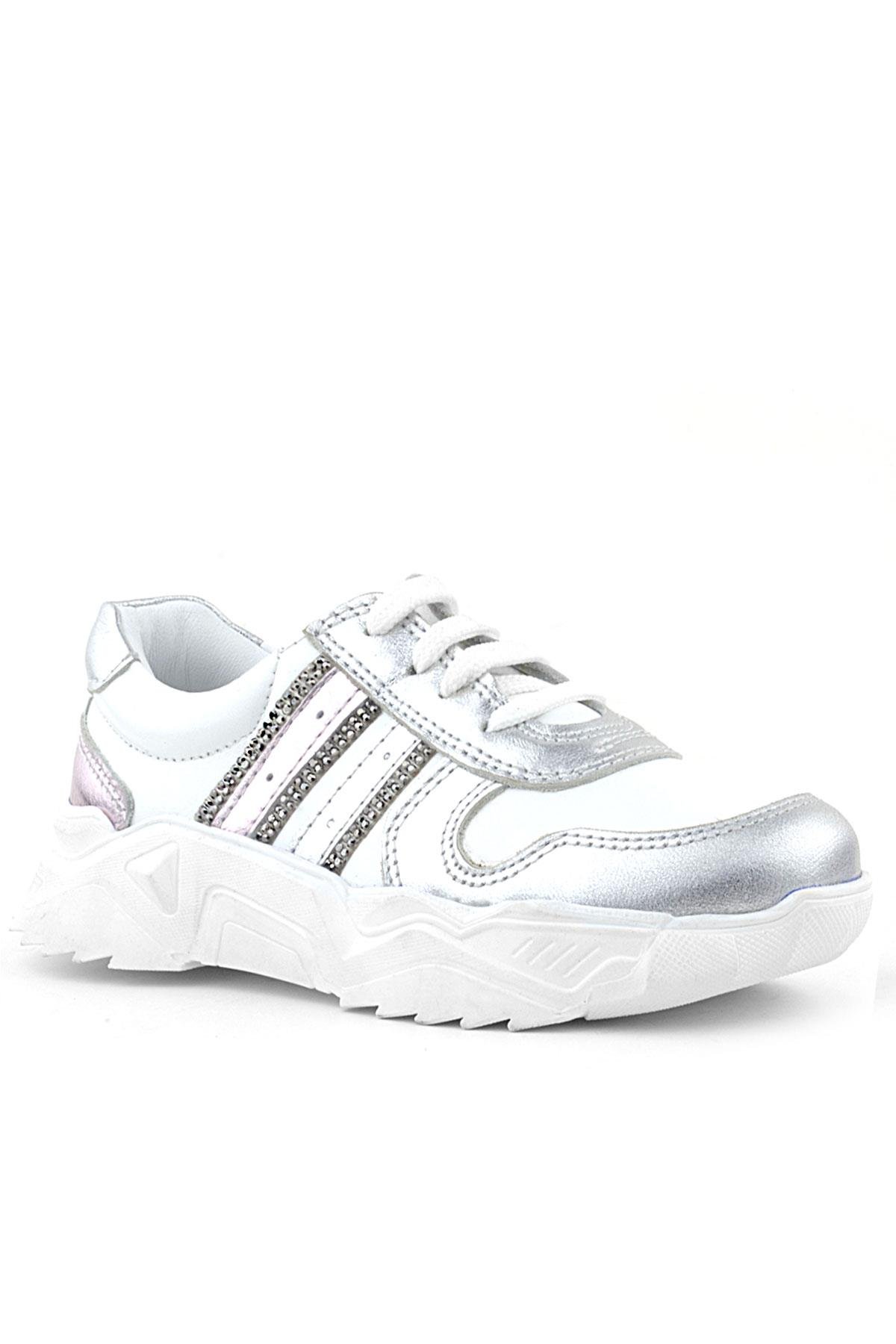 Hakiki Deri Gümüş Pembe Parlak Taşlı Kız Çocuk Sneakers Ayakkabı - Görsel 2