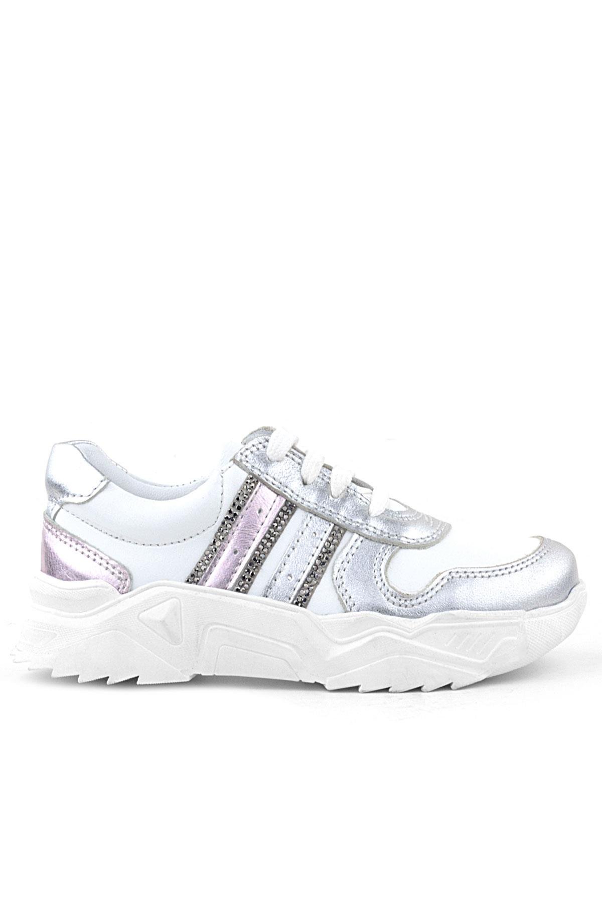 Hakiki Deri Gümüş Pembe Parlak Taşlı Kız Çocuk Sneakers Ayakkabı - Görsel 3