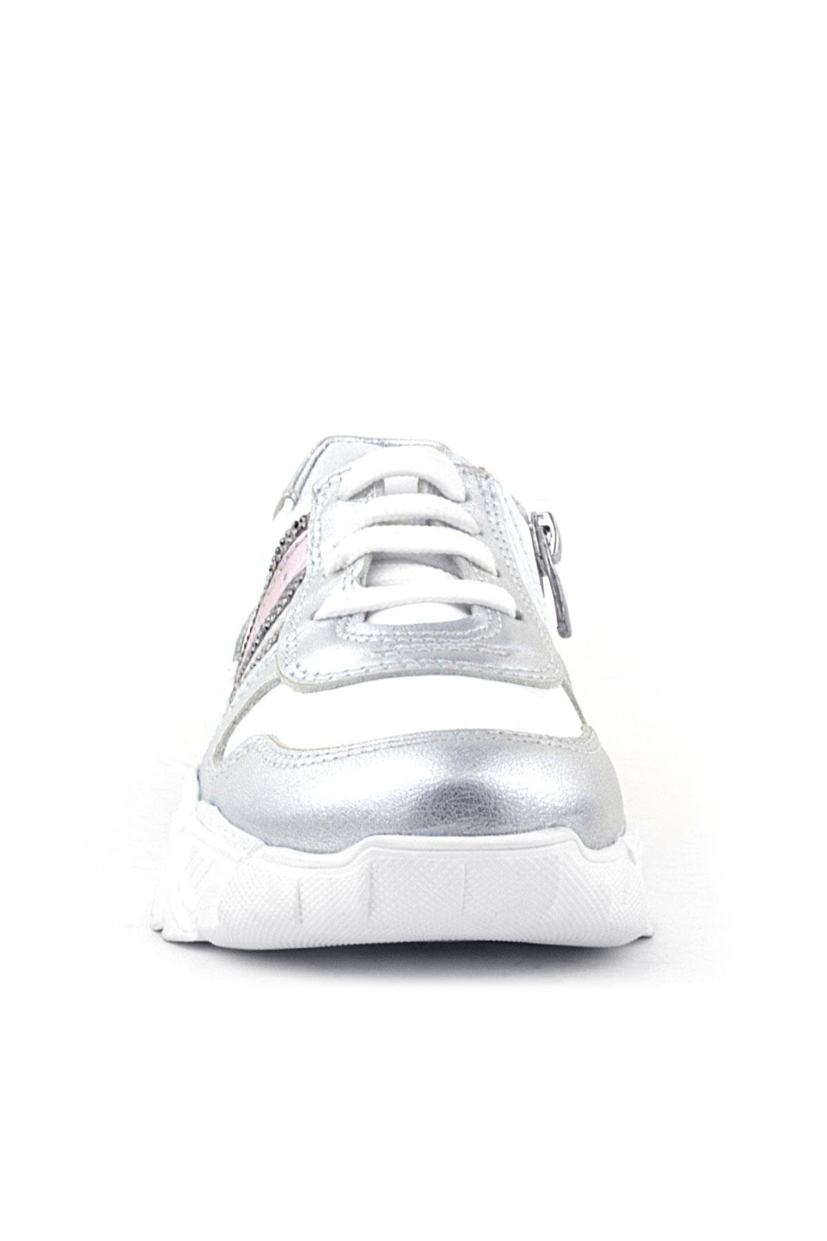 Hakiki Deri Gümüş Pembe Parlak Taşlı Kız Çocuk Sneakers Ayakkabı - Görsel 4