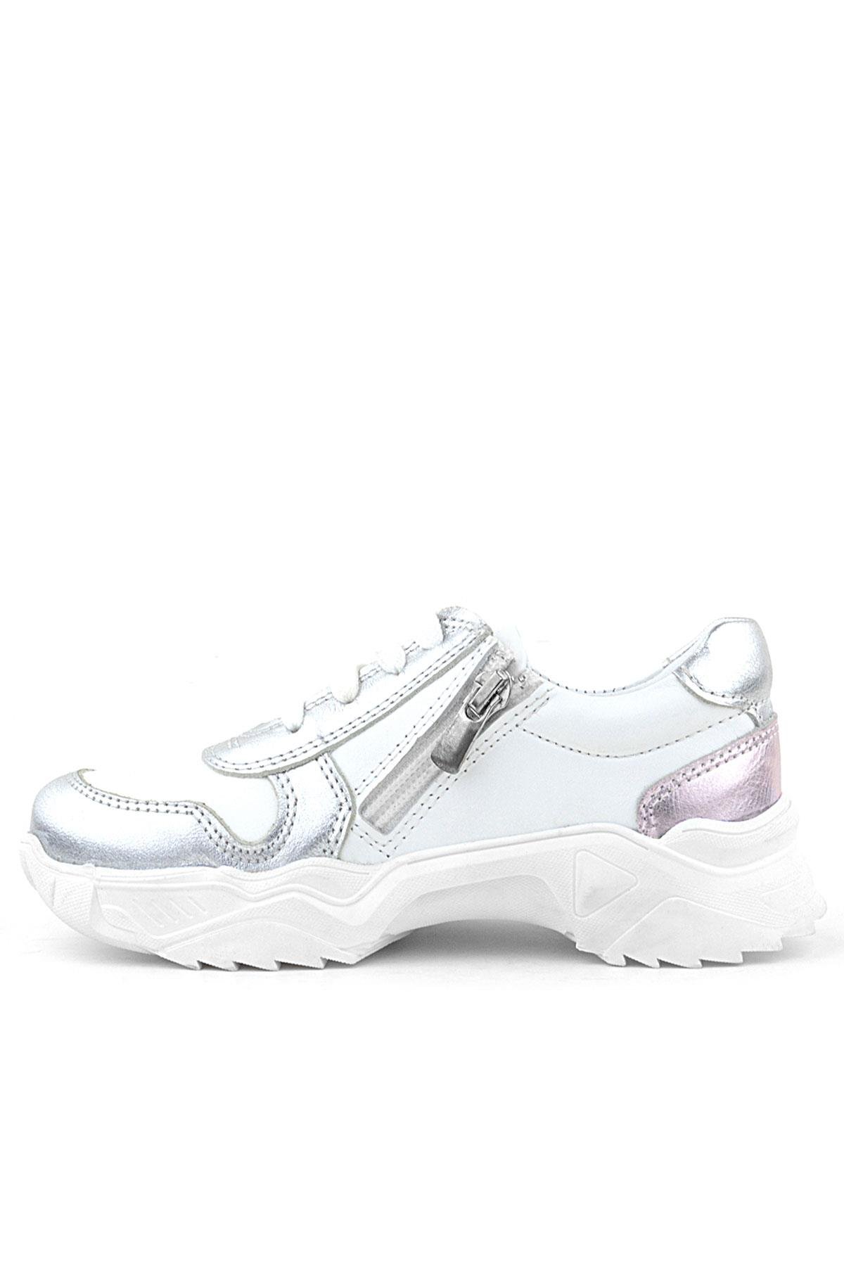 Hakiki Deri Gümüş Pembe Parlak Taşlı Kız Çocuk Sneakers Ayakkabı - Görsel 5