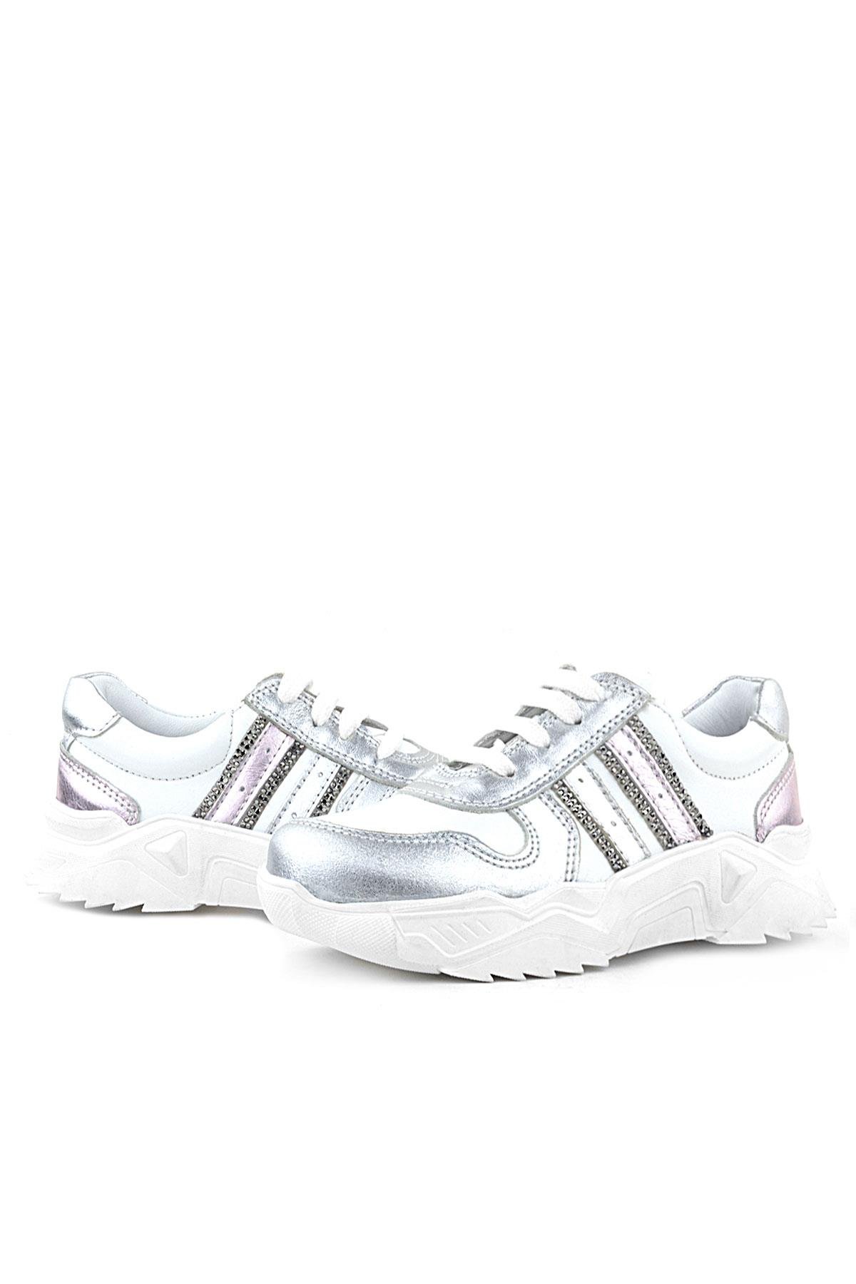 Hakiki Deri Gümüş Pembe Parlak Taşlı Kız Çocuk Sneakers Ayakkabı - Görsel 6