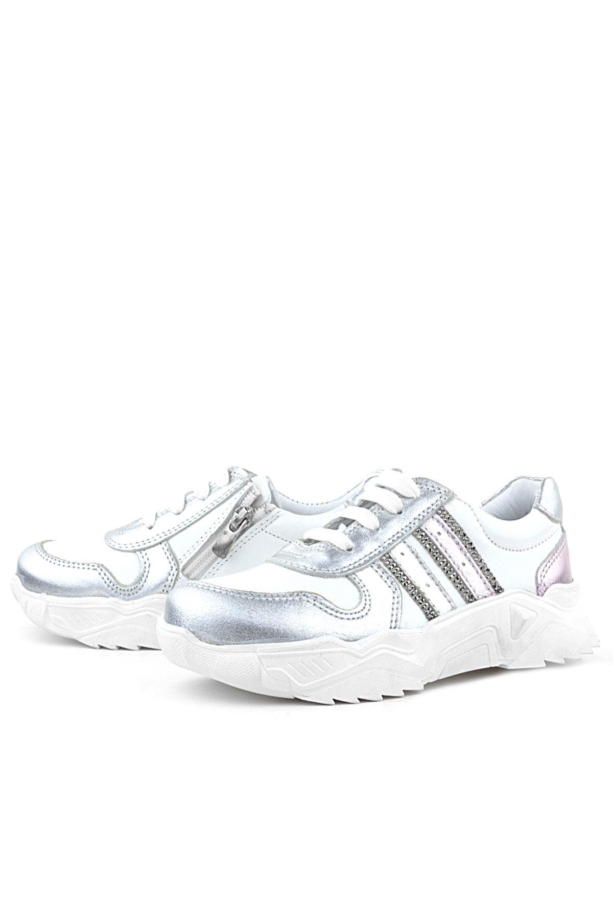 Hakiki Deri Gümüş Pembe Parlak Taşlı Kız Çocuk Sneakers Ayakkabı - Görsel 7