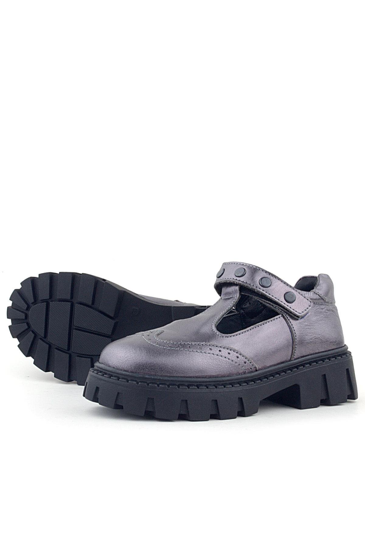 Hakiki Deri Platin Metal Detaylı Cırtlı Kız Çocuk Okul Ayakkabı - Görsel 6