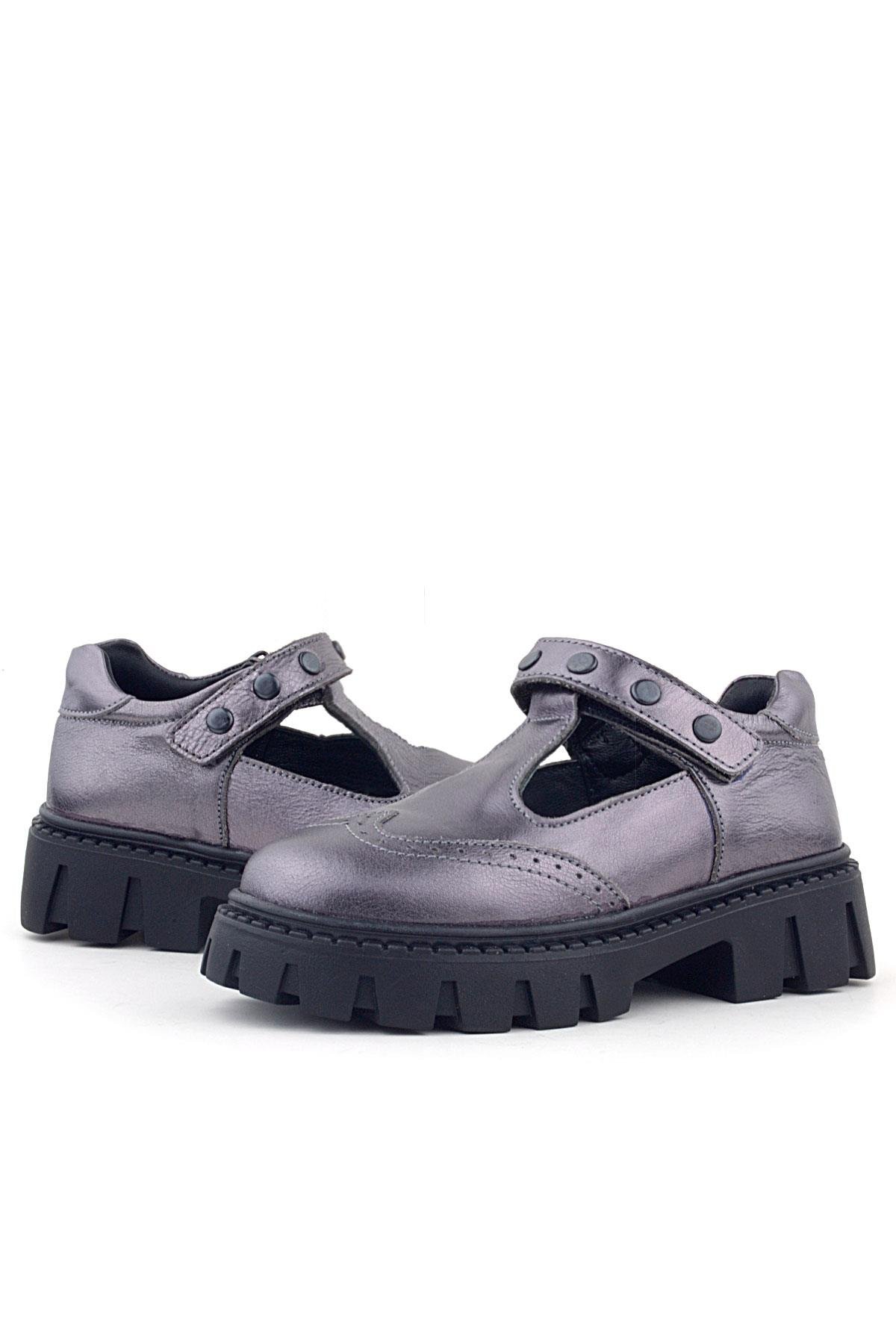Hakiki Deri Platin Metal Detaylı Cırtlı Kız Çocuk Okul Ayakkabı - Görsel 7