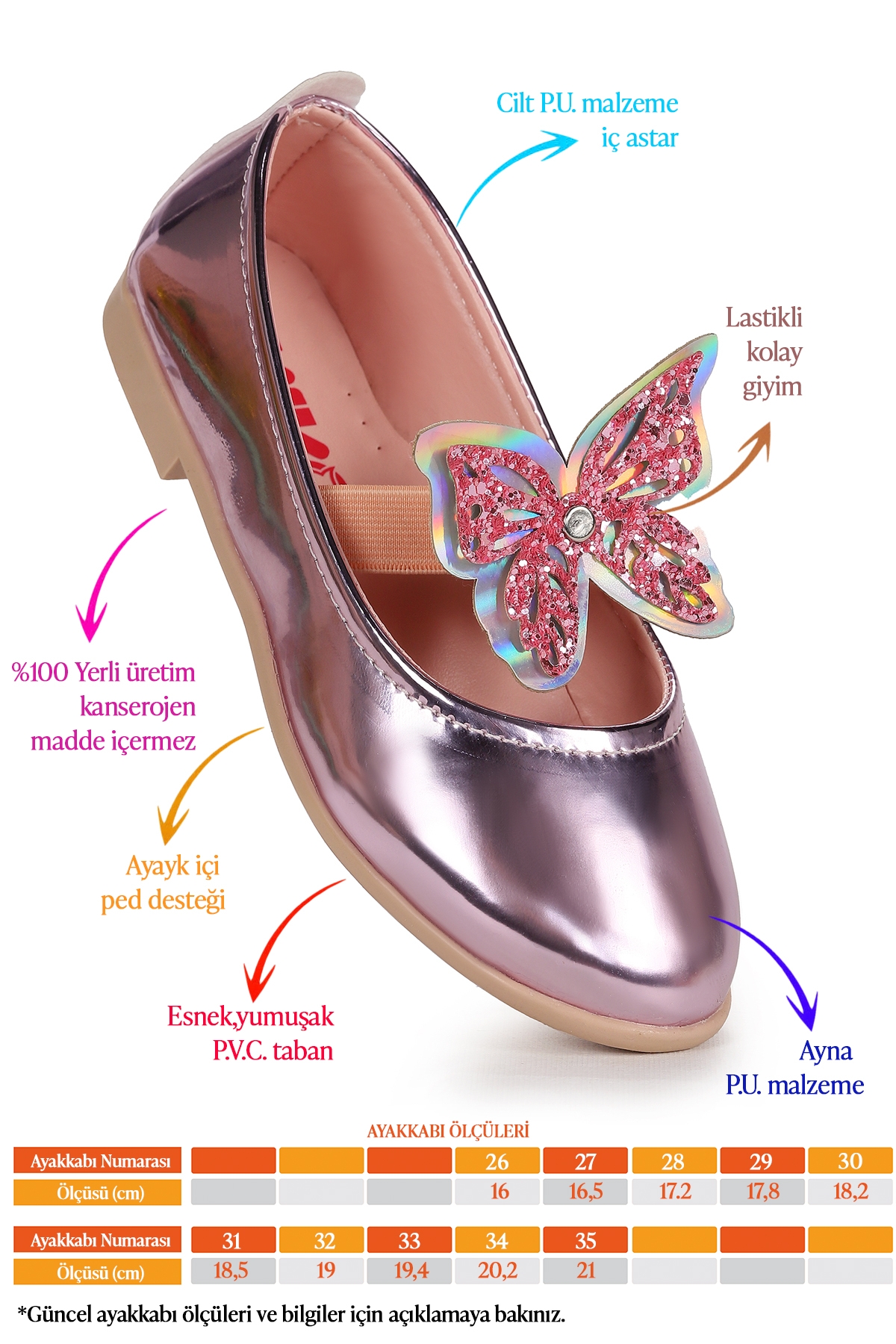 Menz Ayna Kelebek Lastikli Kız Çocuk Babet Ayakkabı Pembe - Görsel 3