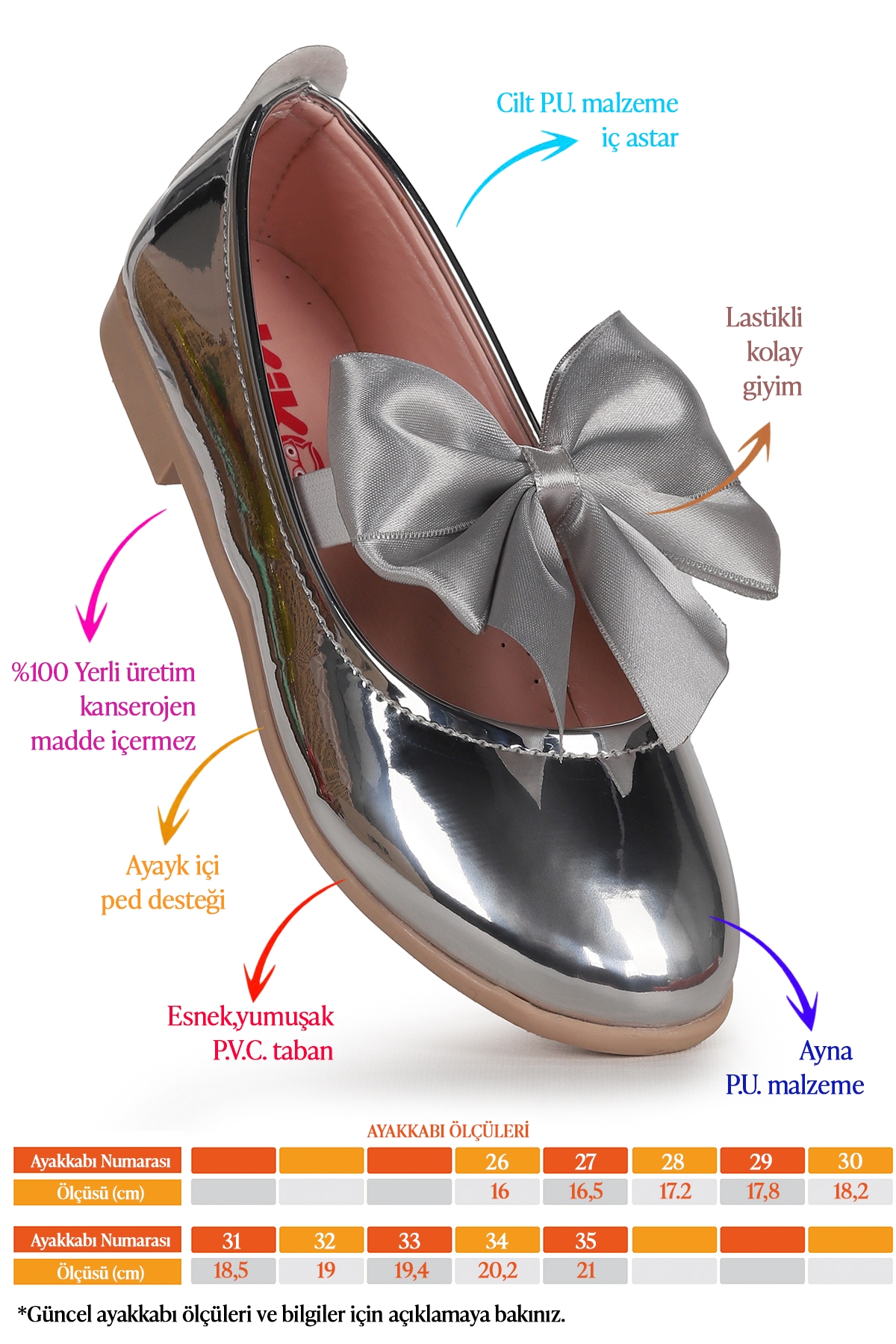 Tari Ayna Fiyonk Lastikli Kız Çocuk Babet Ayakkabı Gümüş - Görsel 3
