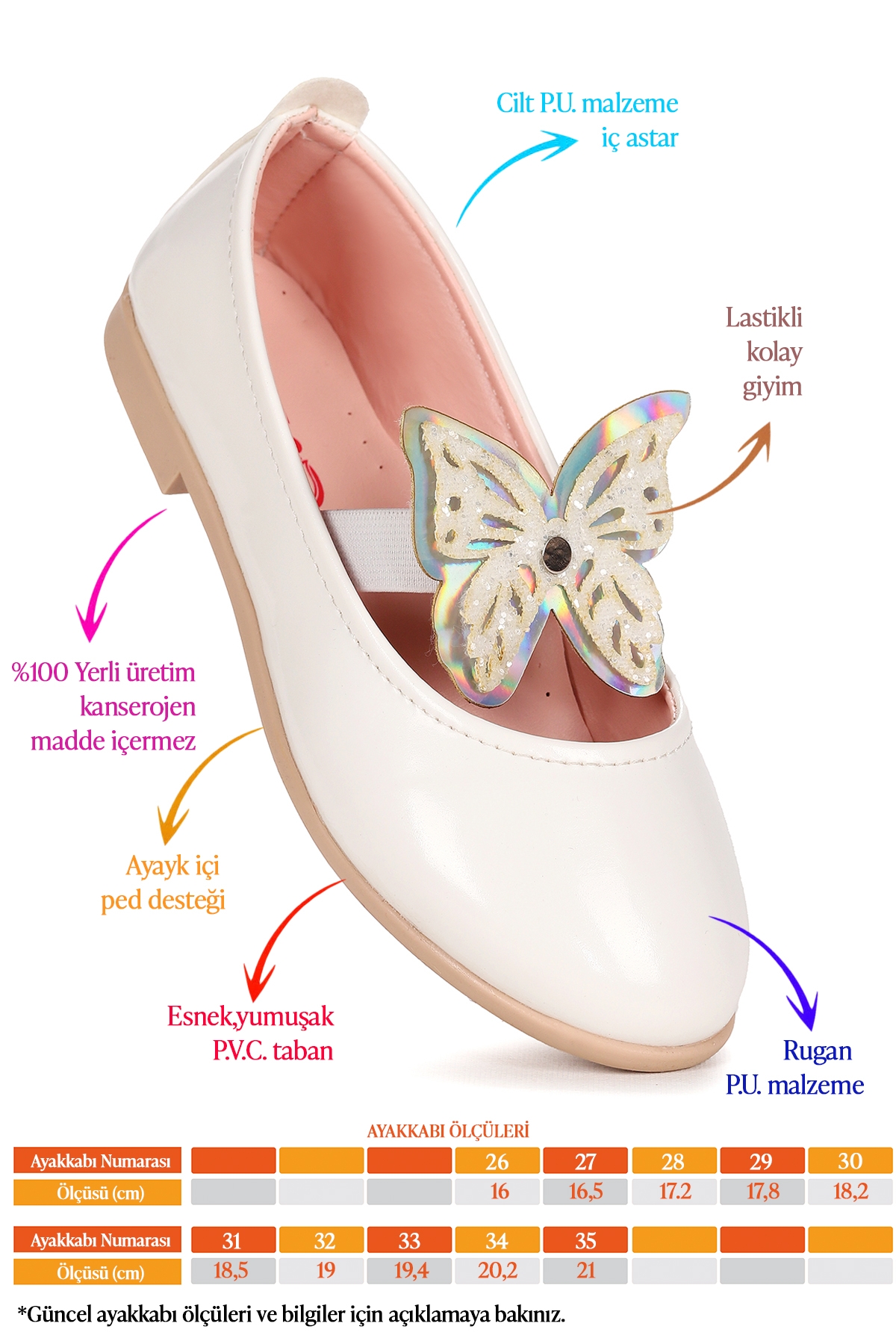 Menz Rugan Kelebek Lastikli Kız Çocuk Babet Ayakkabı Beyaz - Görsel 3