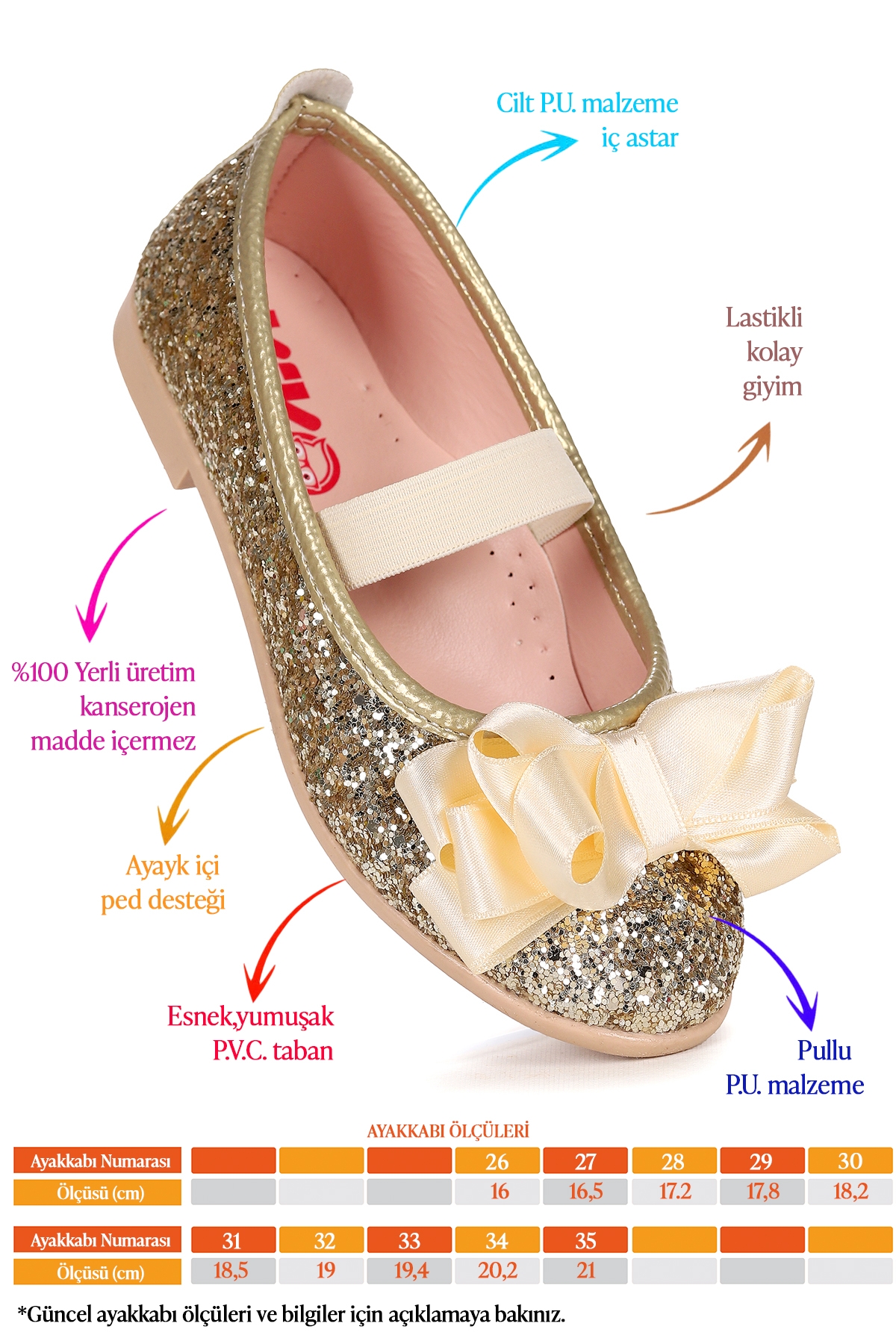 Panı Cam Kırığı Fiyonk Lastikli Kız Çocuk Babet Ayakkabı Altın - Görsel 3