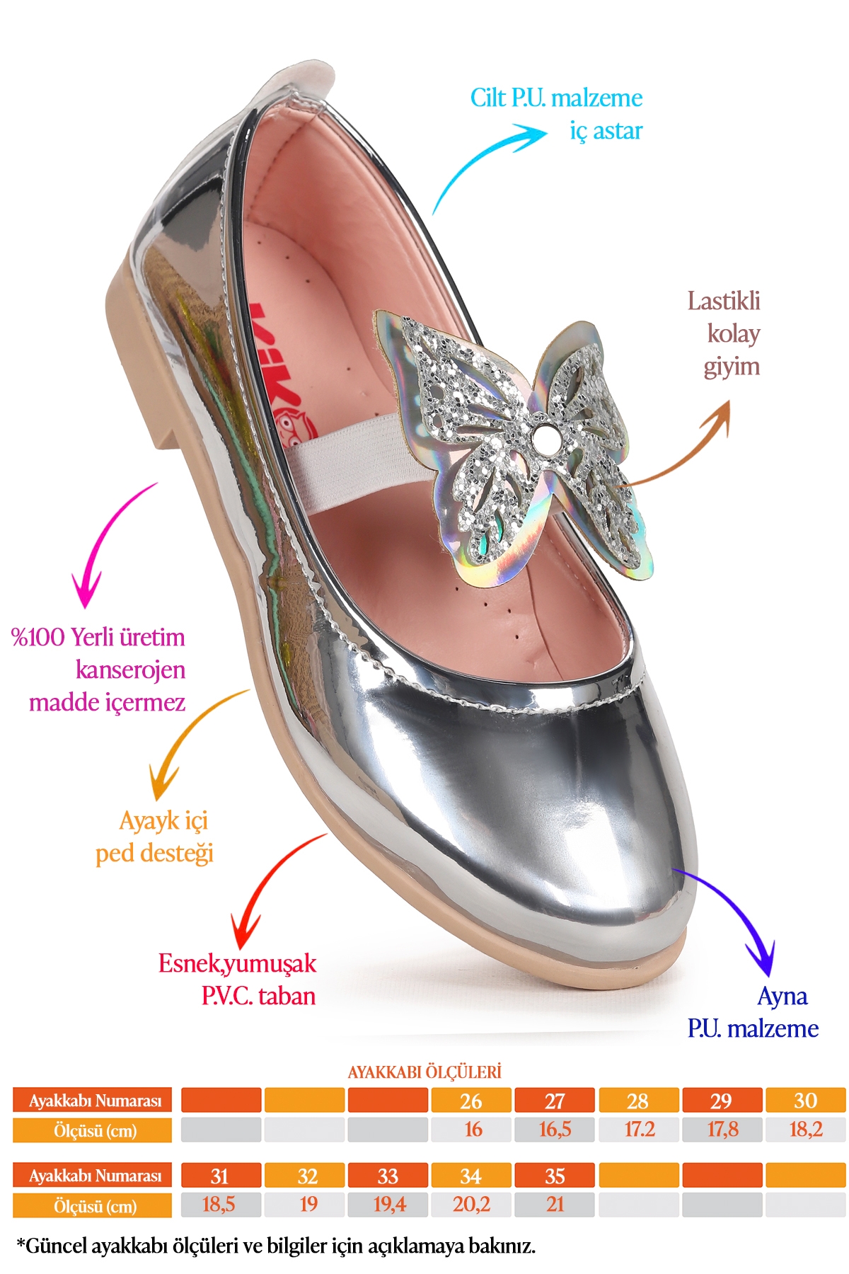 Menz Kelebek Lastikli Kız Çocuk Babet Ayakkabı Gümüş - Görsel 3