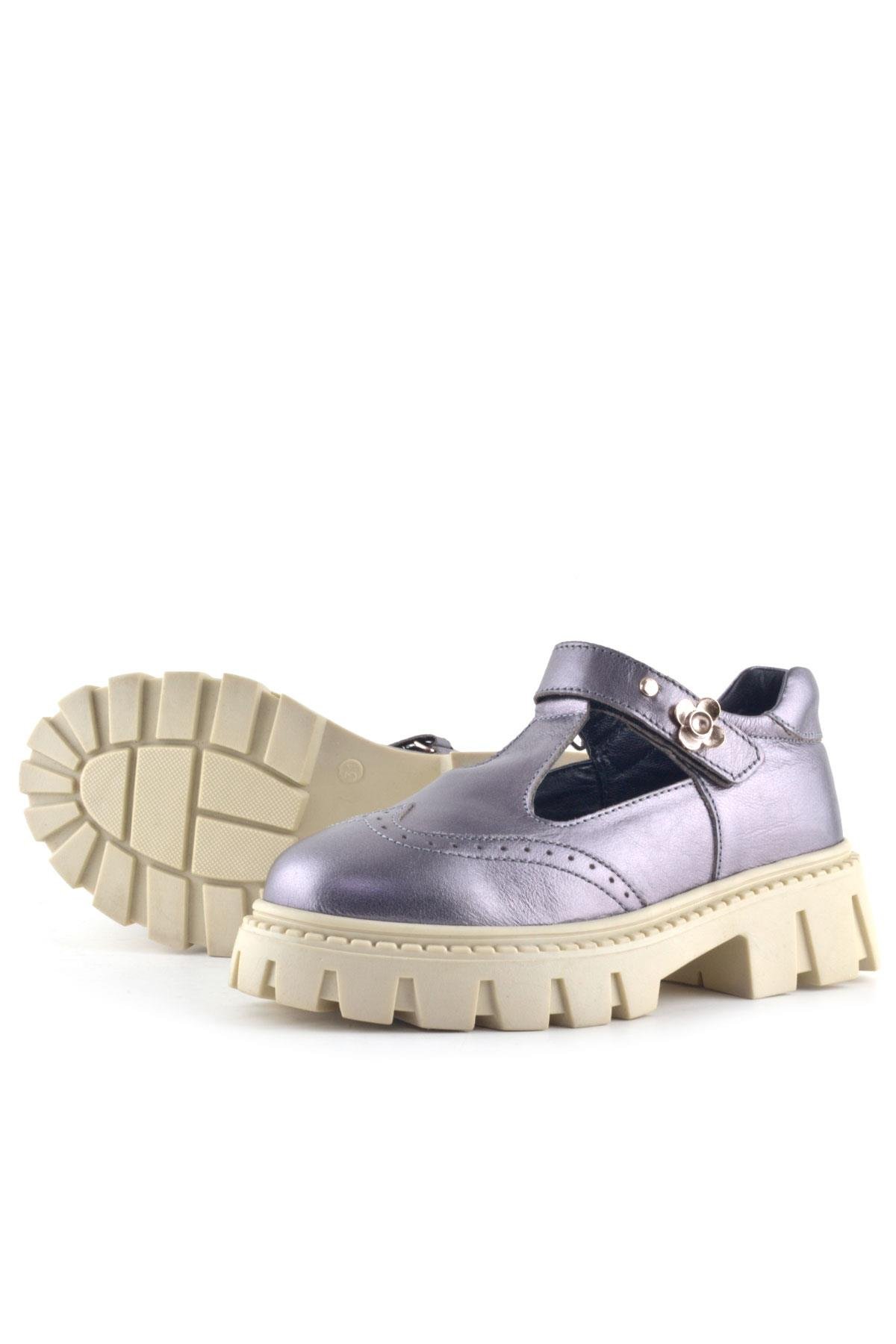 Hakiki Deri Platin Krem Tabanlı Çiçek Detaylı Kız Çocuk Günlük Ayakkabı - Görsel 7