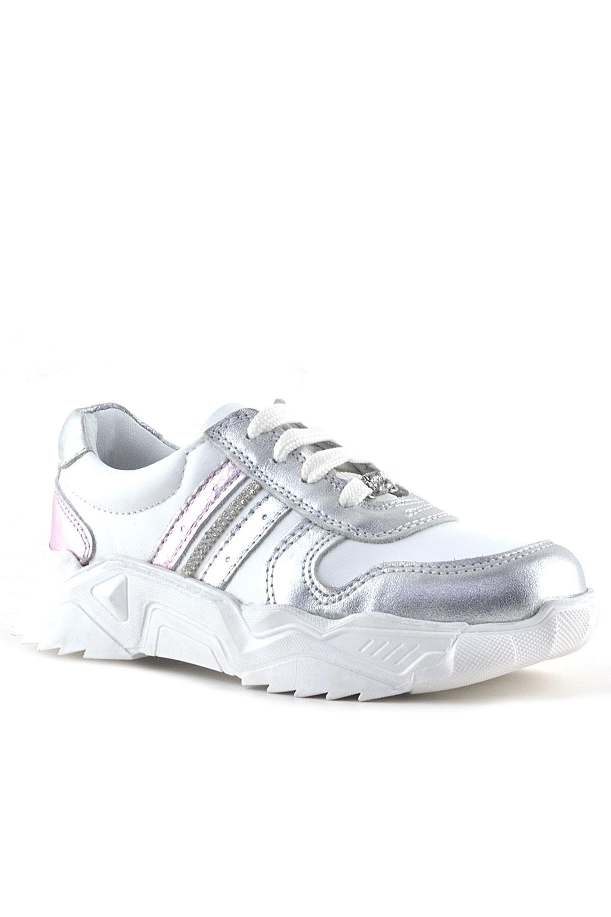 Hakiki Deri Gümüş Pembe Taşlı Kız Çocuk Günlük Ayakkabı - Görsel 2
