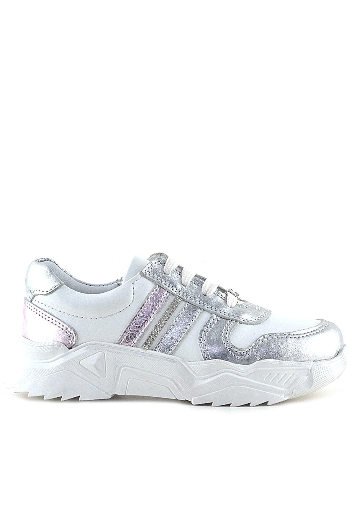 Hakiki Deri Gümüş Pembe Taşlı Kız Çocuk Günlük Ayakkabı - Görsel 3