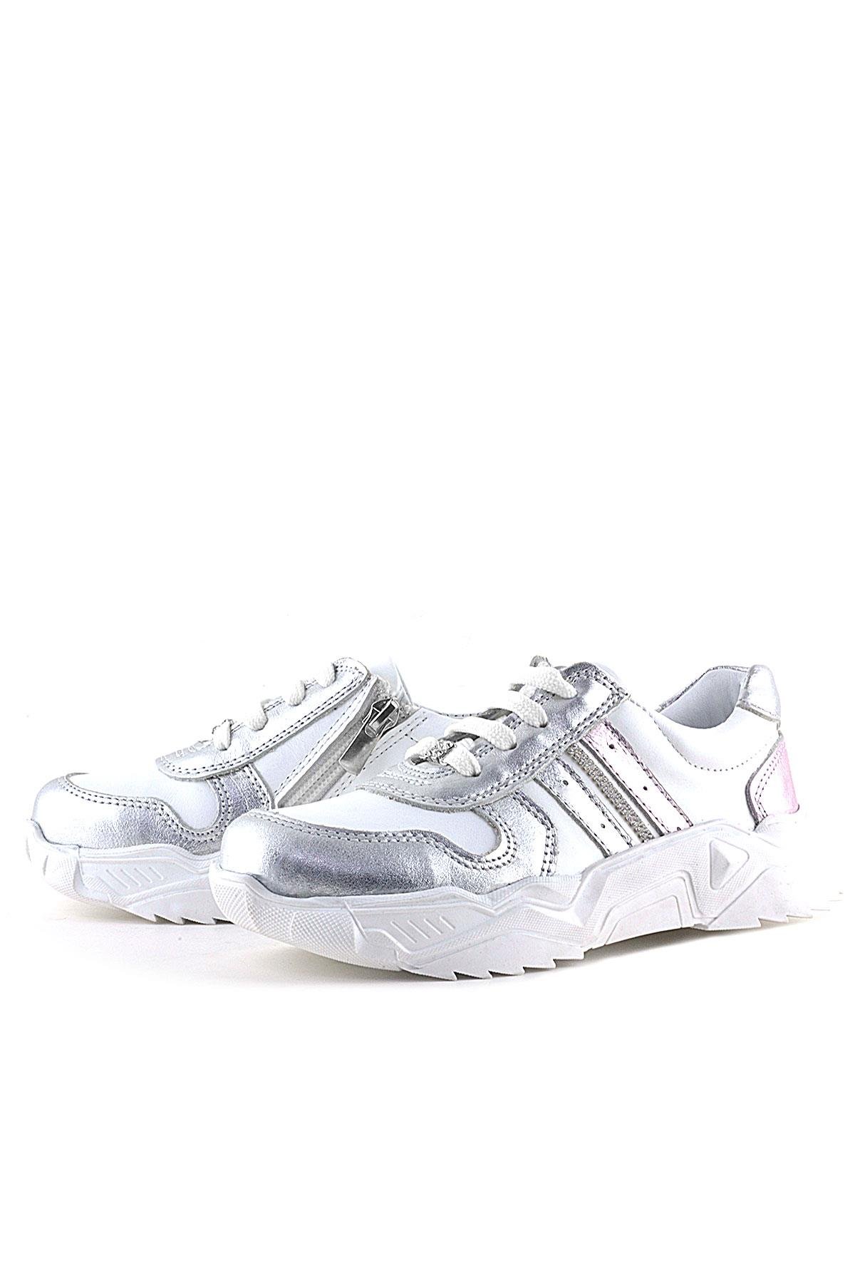 Hakiki Deri Gümüş Pembe Taşlı Kız Çocuk Günlük Ayakkabı - Görsel 6