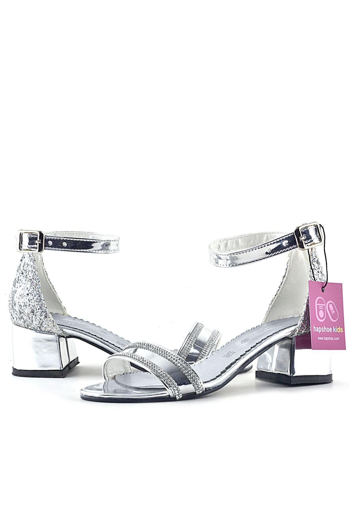 Elsa Gümüş Aynalı Simli Kalın Topuklu Parlak Taşlı Kız Çocuk Abiye Ayakkabı - Görsel 6