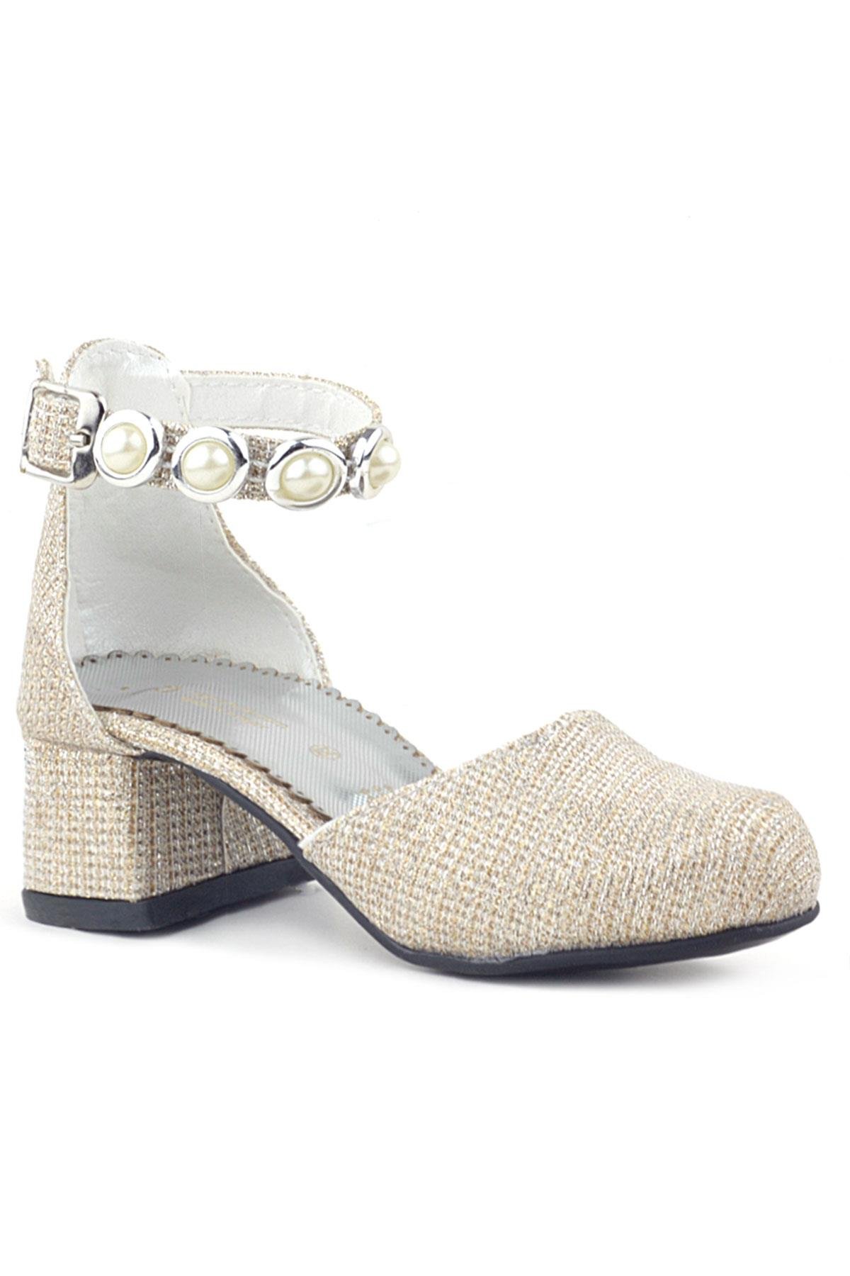Merida Gold Simli Kalın Topuklu Taşlı Kız Çocuk Topuklu Ayakkabı - Görsel 2