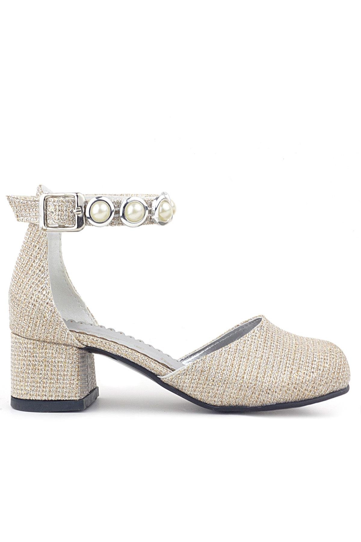 Merida Gold Simli Kalın Topuklu Taşlı Kız Çocuk Topuklu Ayakkabı - Görsel 3