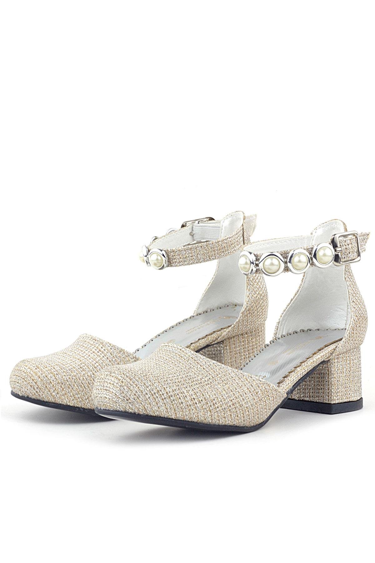 Merida Gold Simli Kalın Topuklu Taşlı Kız Çocuk Topuklu Ayakkabı - Görsel 5