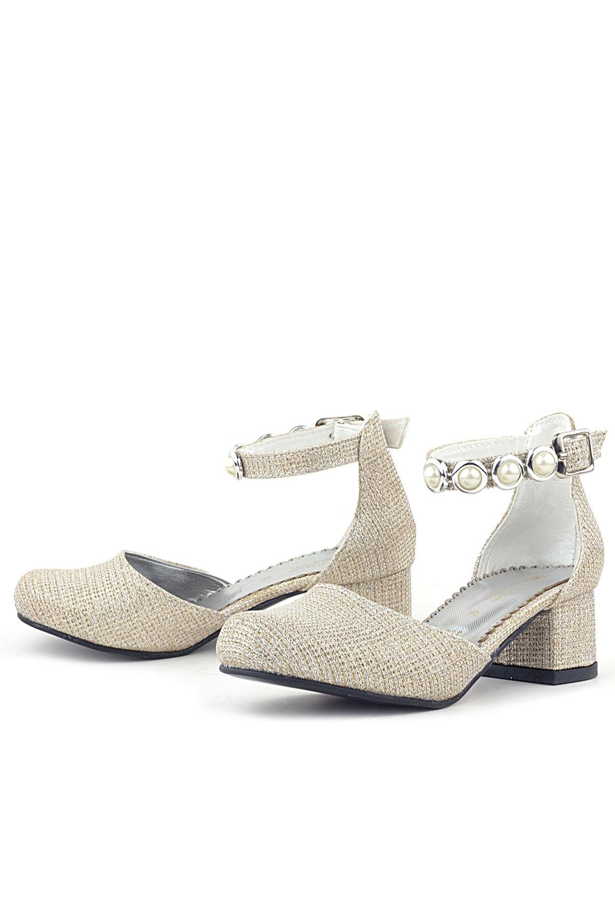 Merida Gold Simli Kalın Topuklu Taşlı Kız Çocuk Topuklu Ayakkabı - Görsel 6