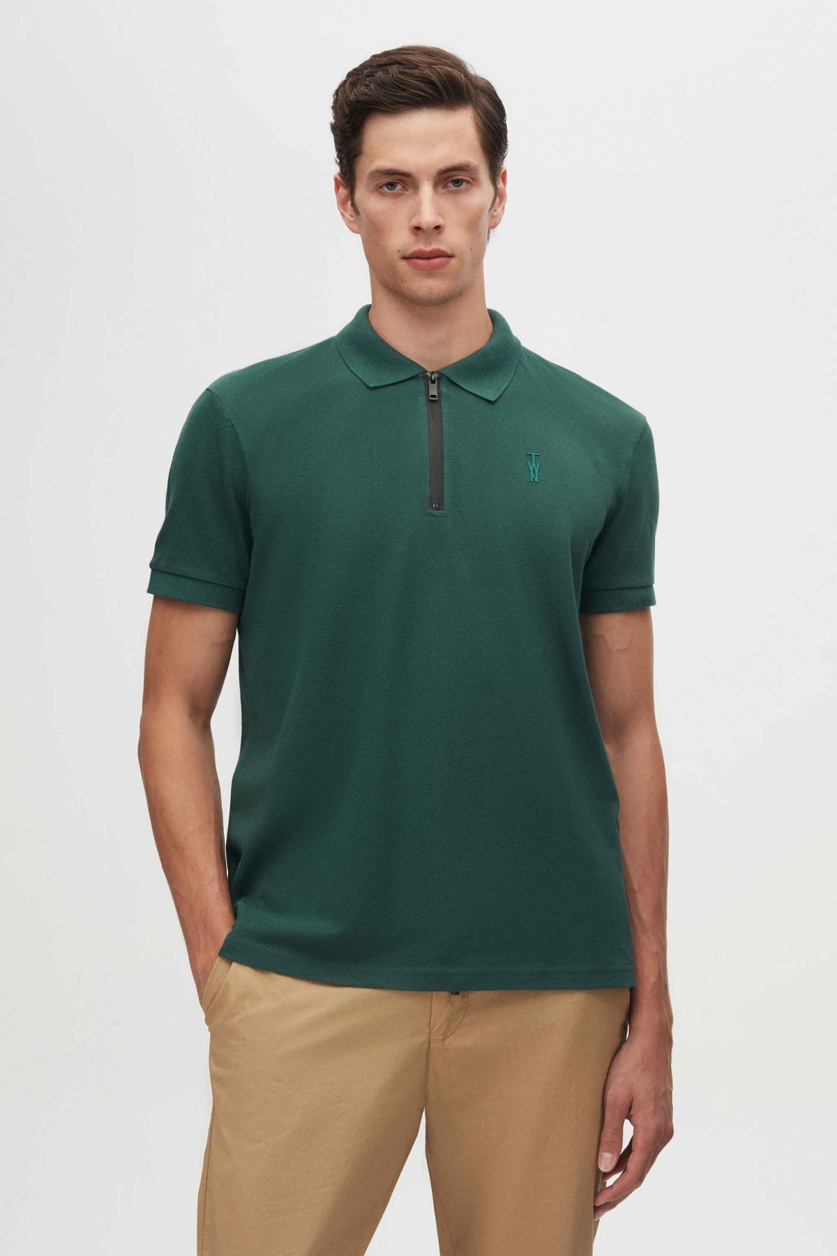 Slim Fit Haki Pike Dokulu Yarım Fermuarlı Polo Yaka T-Shirt